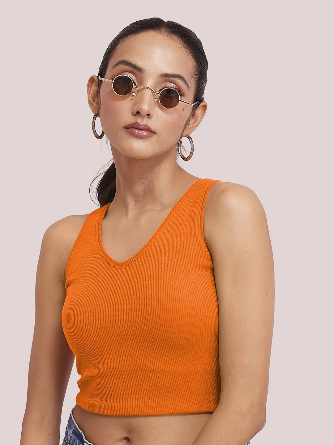 

BerryBird V-Neck Sleeveless Opaque Fitted Cotton Crop Top, Orange