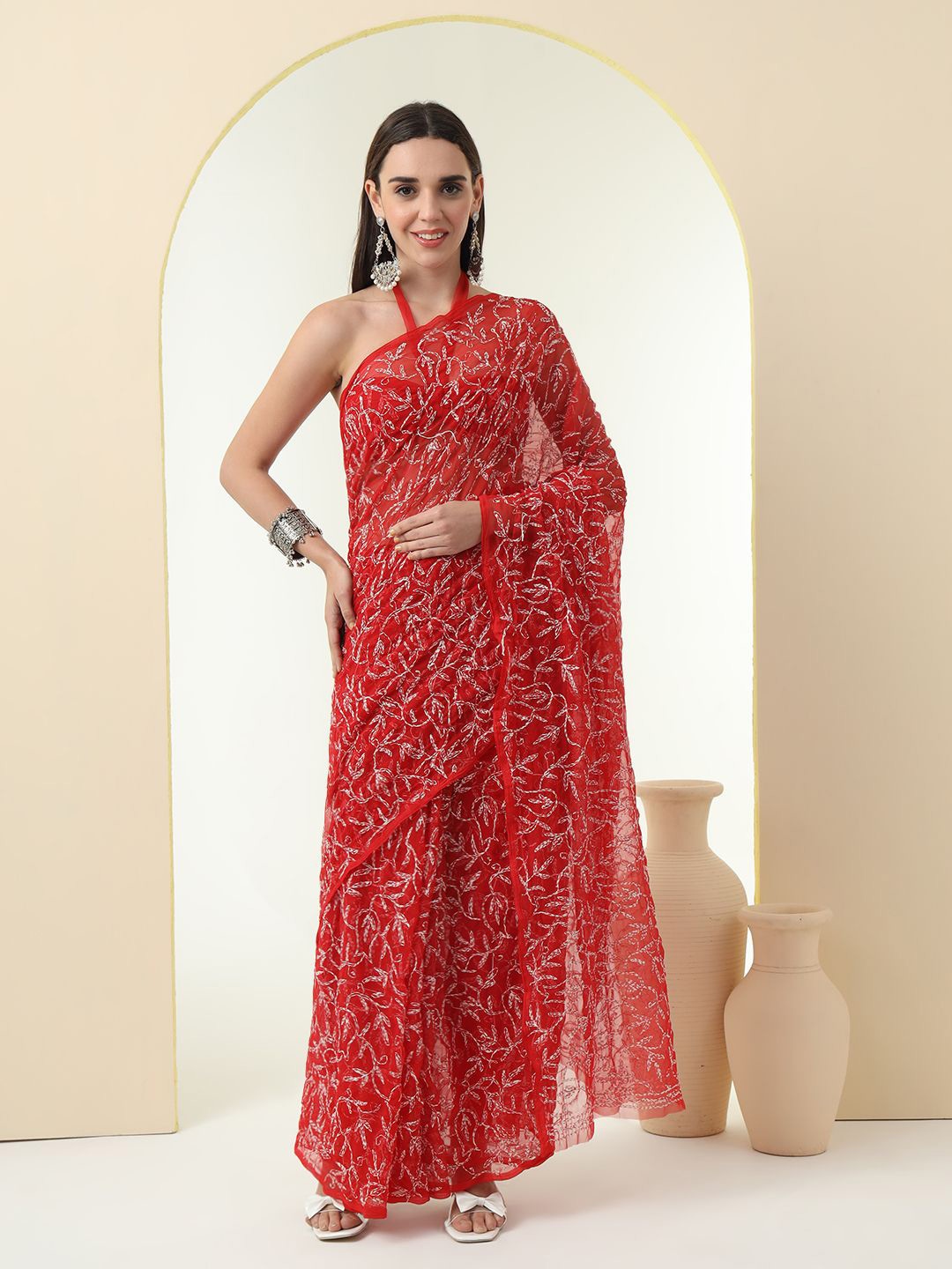 

Z HOME Floral Chikankari Pure Chiffon Saree, Red