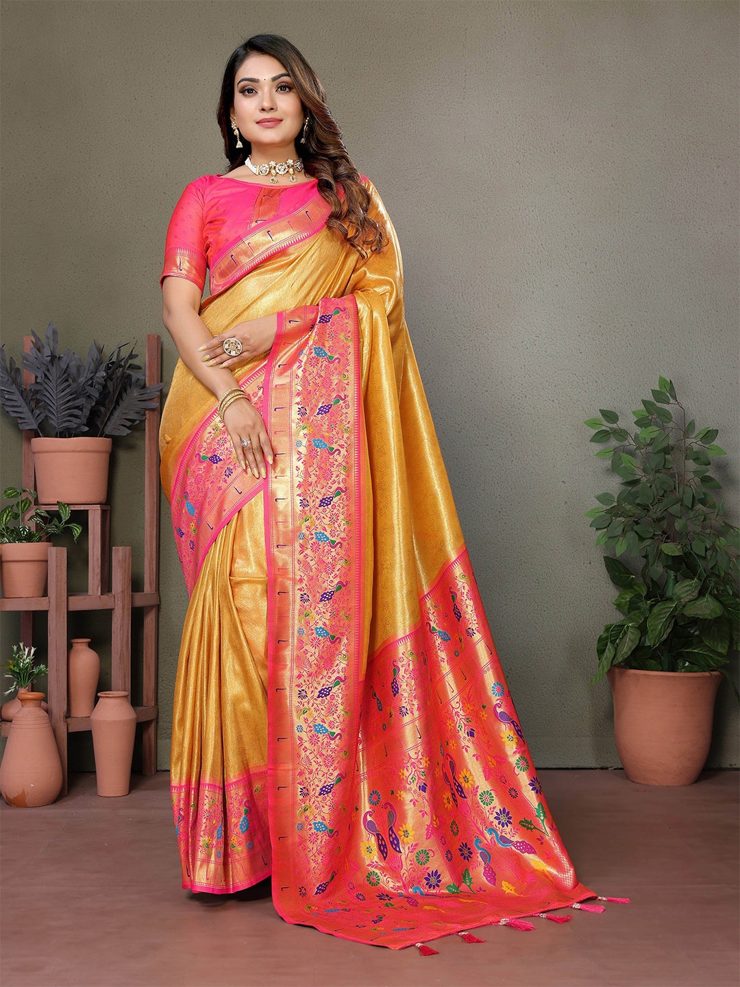 

Vintro Woven Design Zari Tissue Paithani Saree, Orange