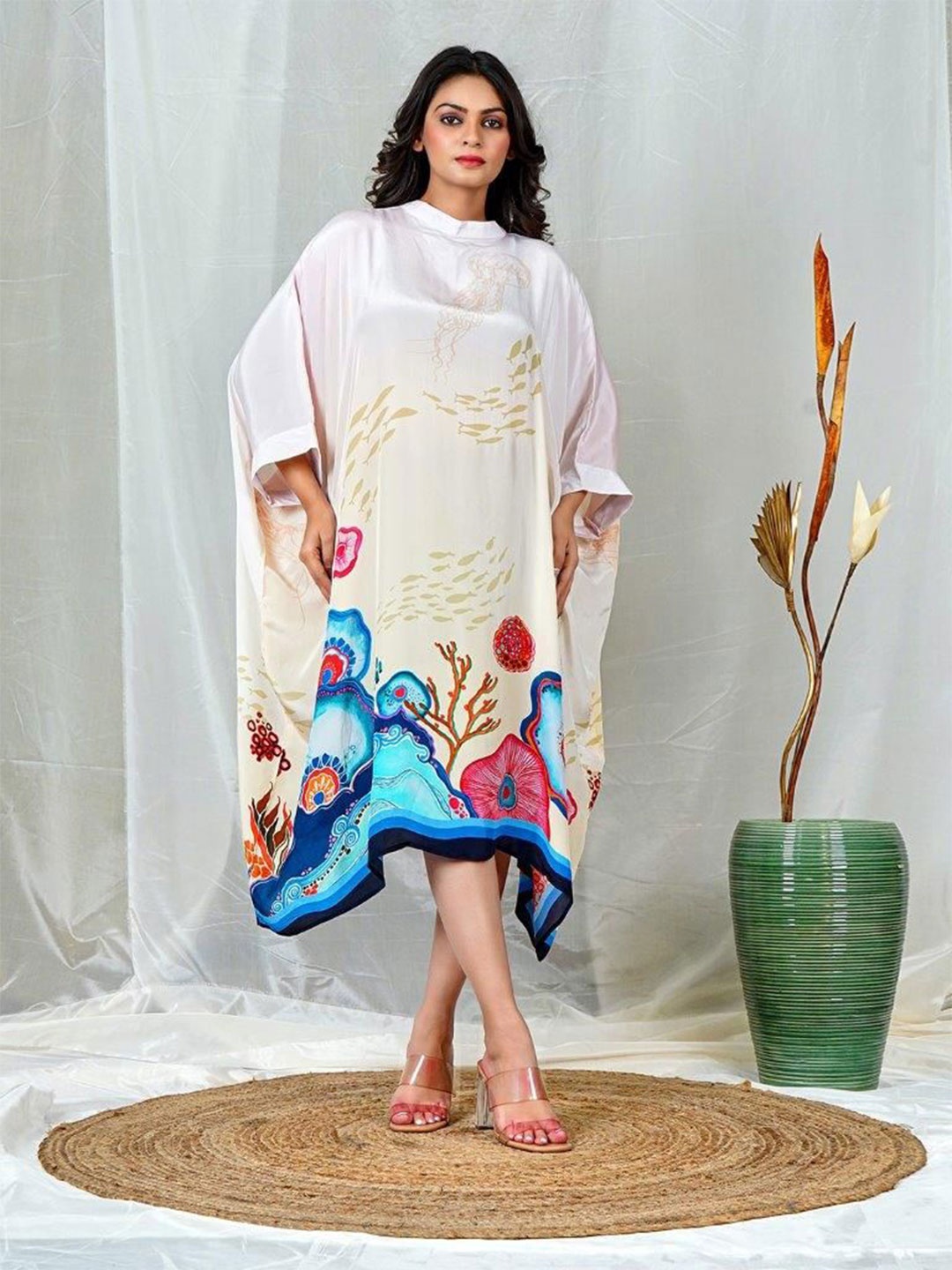 

EARTH O FAB Women Charming Poncho with Underwater-Inspired Prints, Cream