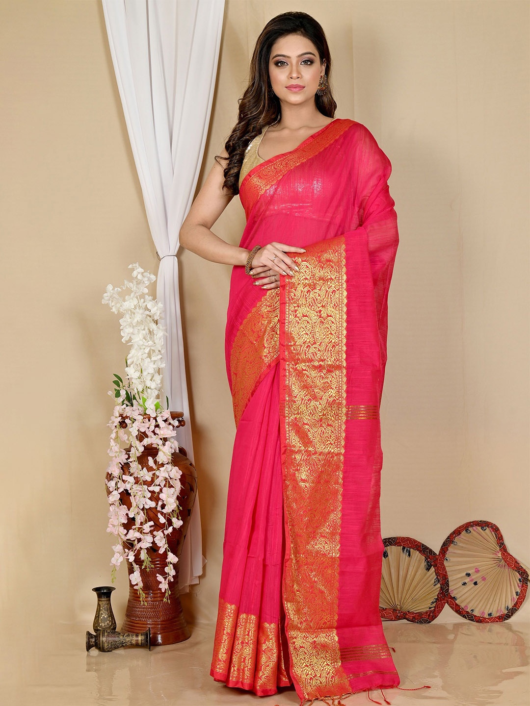 

PuJoy Woven Design Taant Saree, Pink