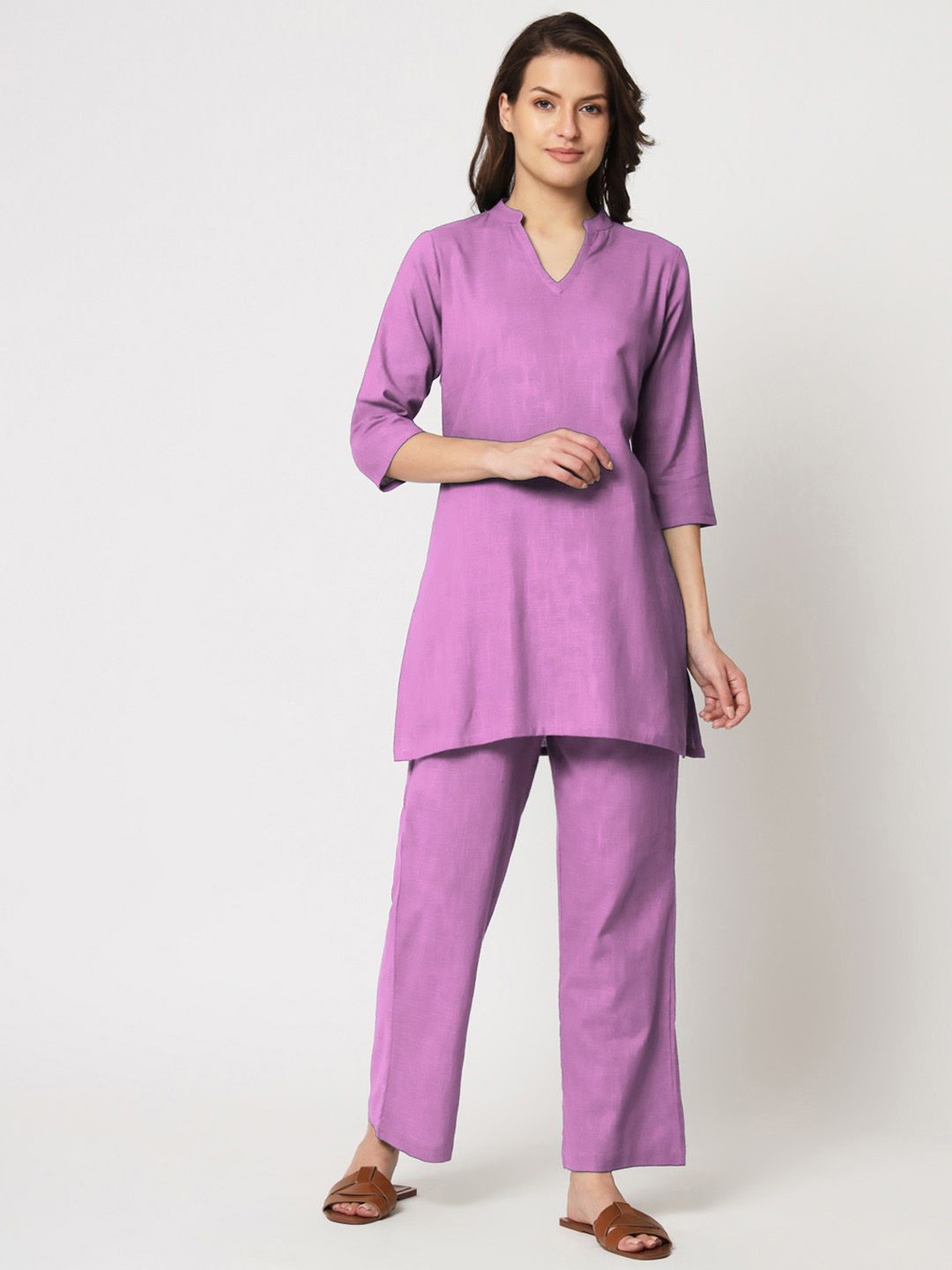 

Thevasa Mandarin Collar Pure Cotton Midlength Tunic With Trousers, Purple