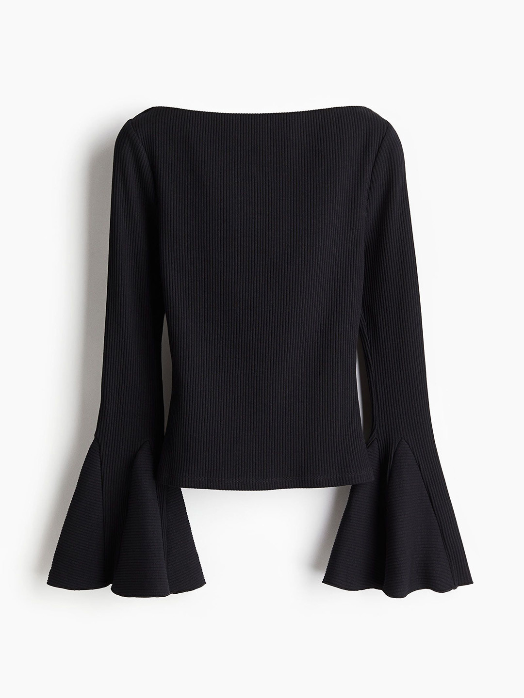 

H&M Trumpet-Sleeved Ribbed Top, Black
