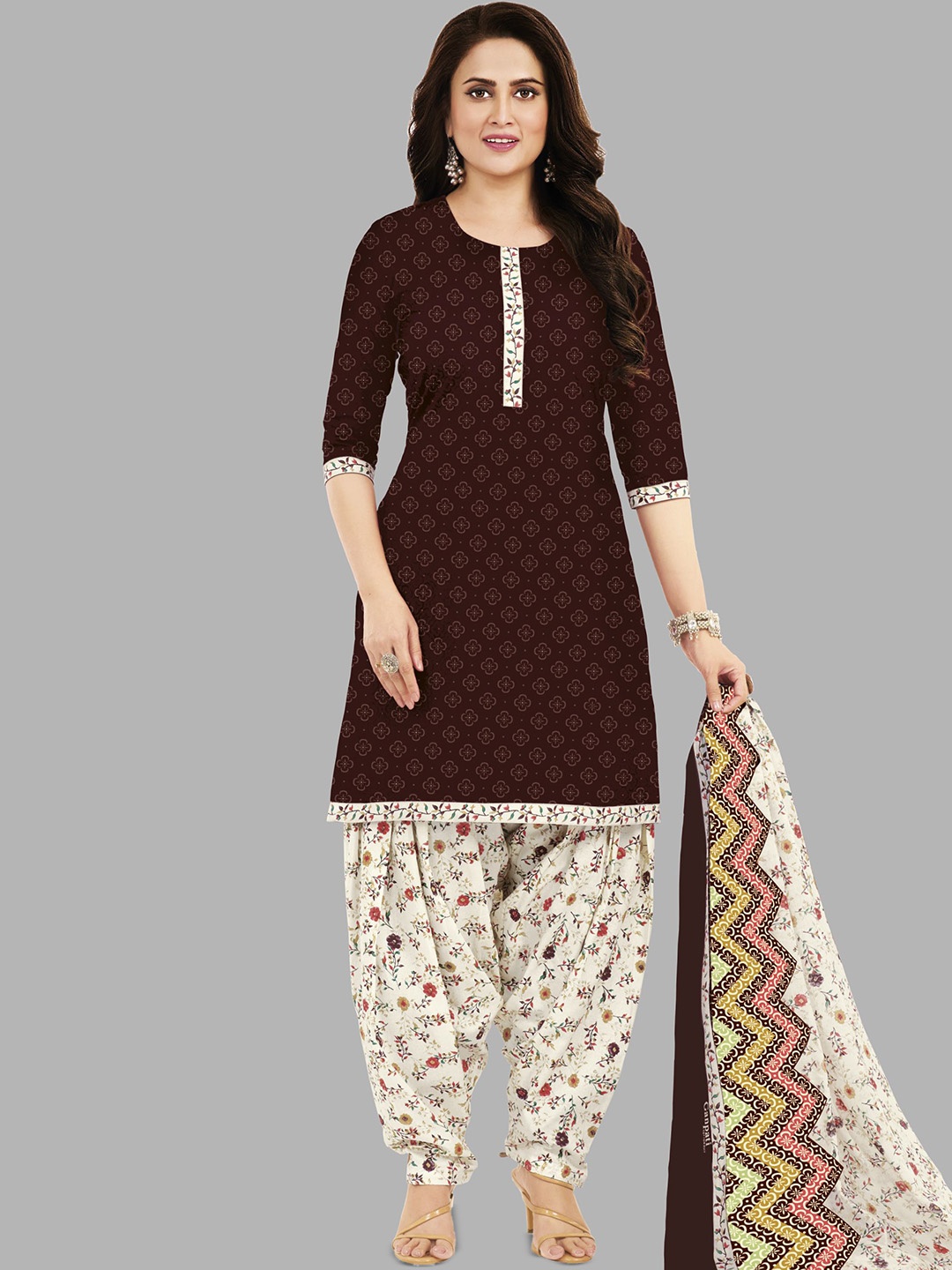 

shree jeenmata collection Printed Pure Cotton Unstitched Dress Material, Brown