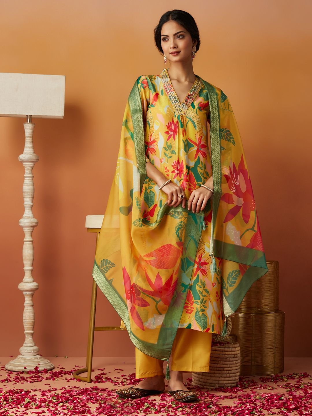 

MOKOSH Floral Printed Sequinned V-Neck A-Line Kurta With Trousers And Dupatta, Yellow
