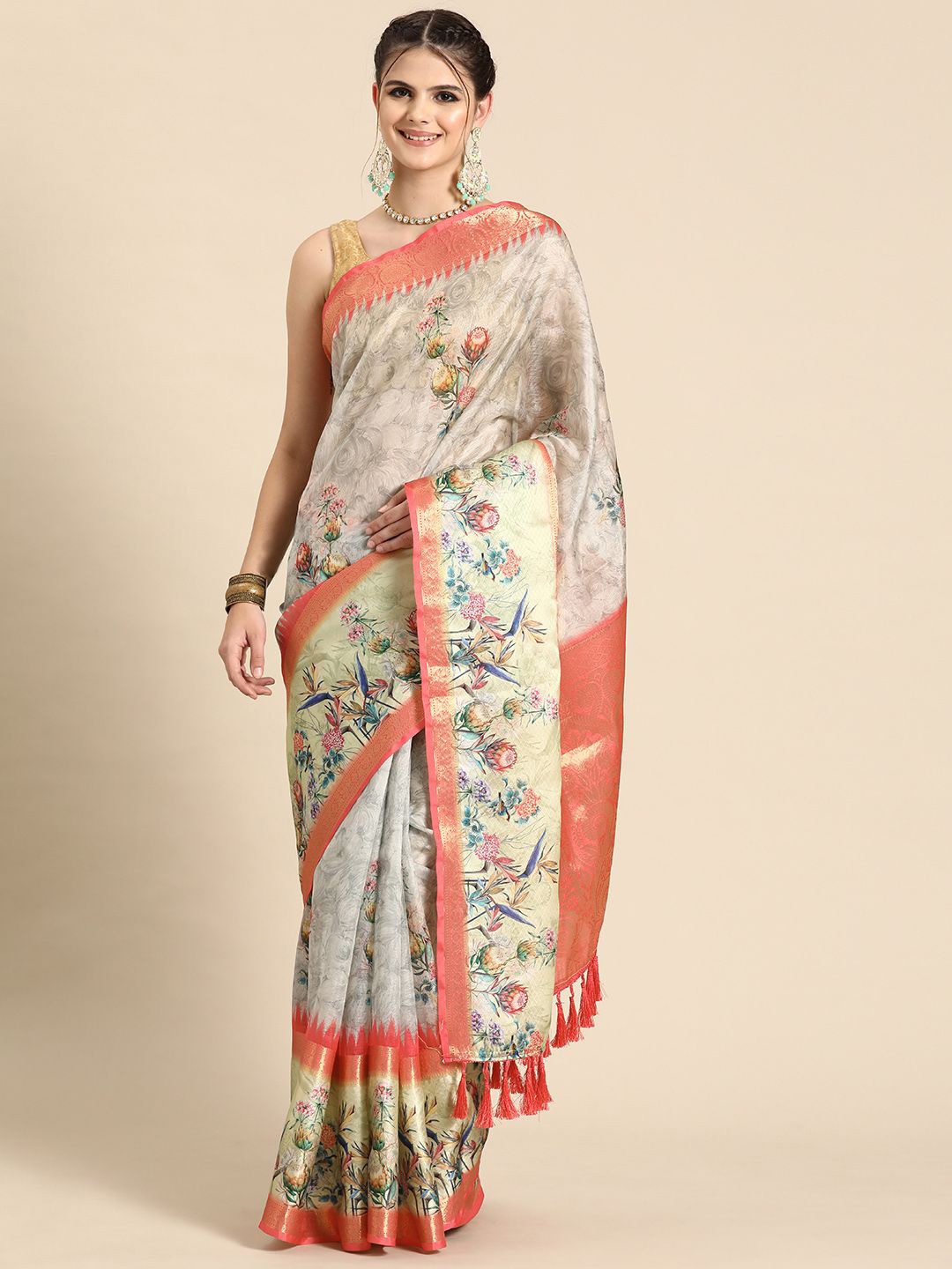 

DIVASTRI Kanjivaram Soft Silk Digital Printed Zari Woven Saree, Grey