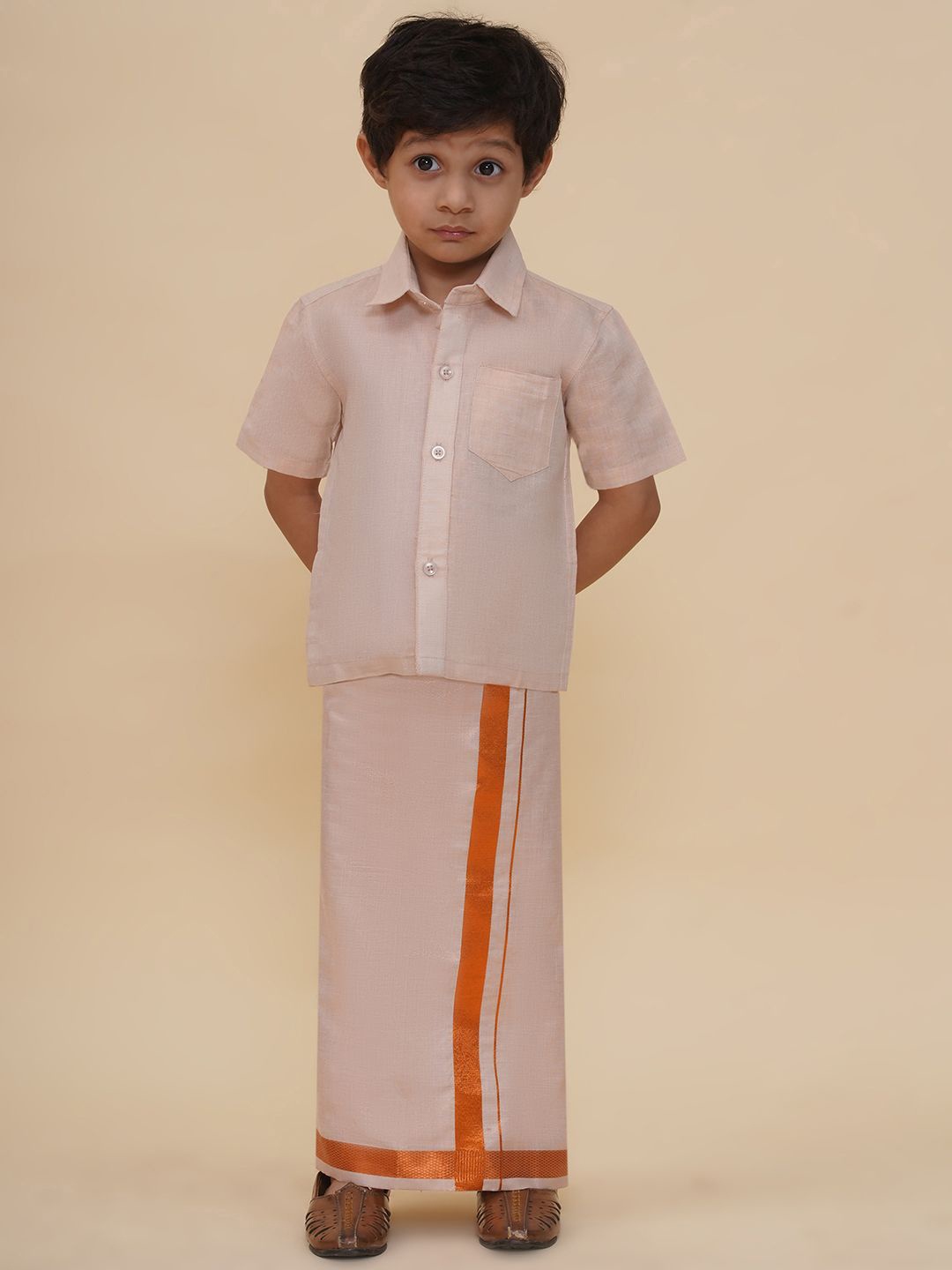 

Sethukrishna Boys Short Sleeves Shirt With Veshti, Orange