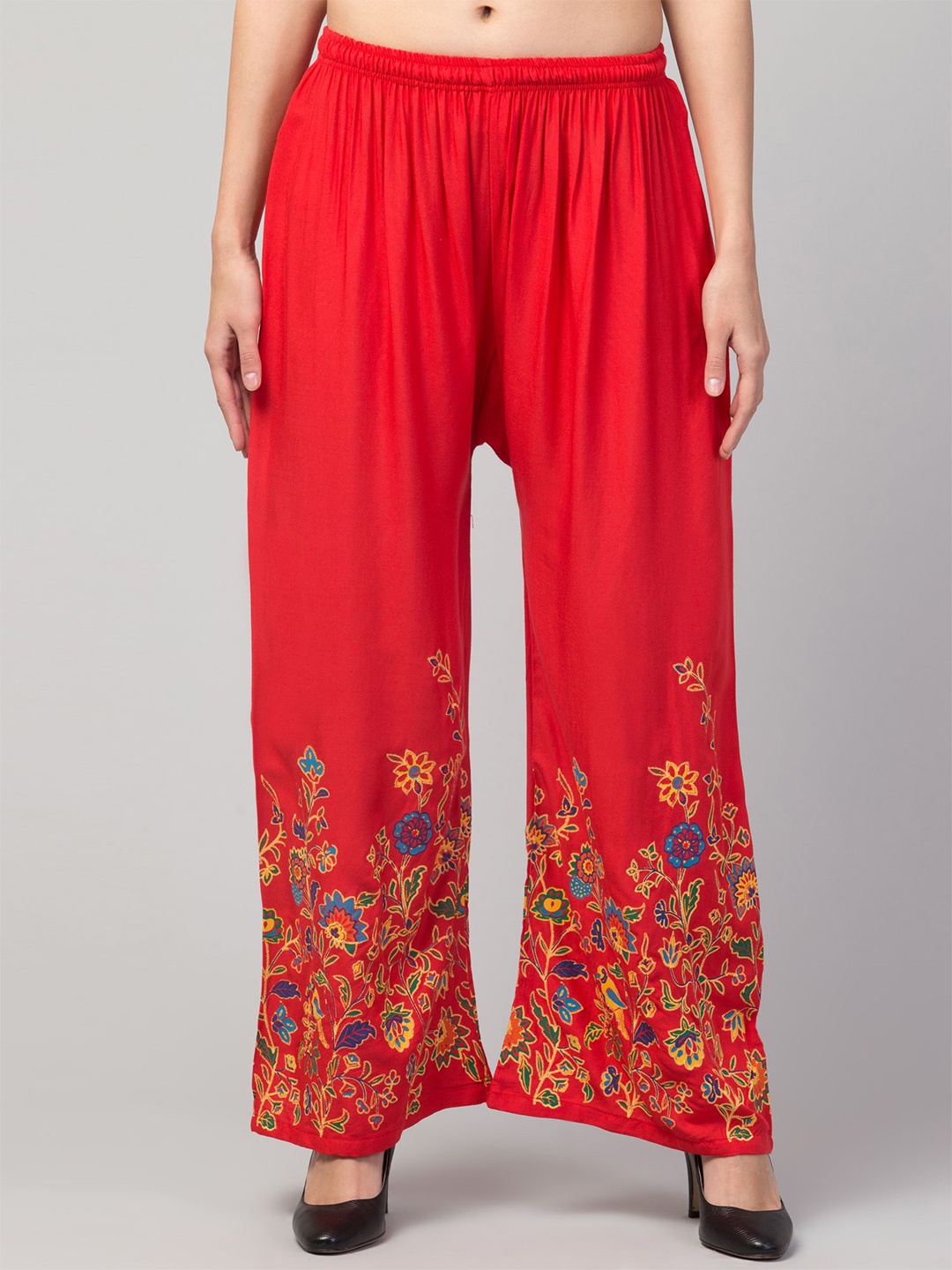 

FAMBEE Women Floral Printed Flared Knitted Palazzos, Red