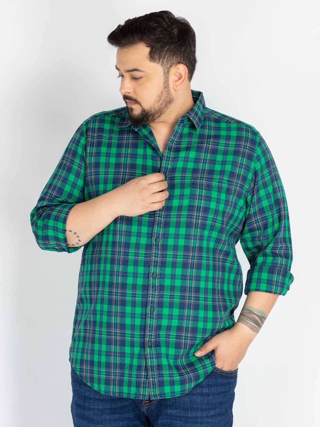 

UNSIZED Men Comfort Oversized Fit Spread Collar Checked Cotton Casual Shirt, Green