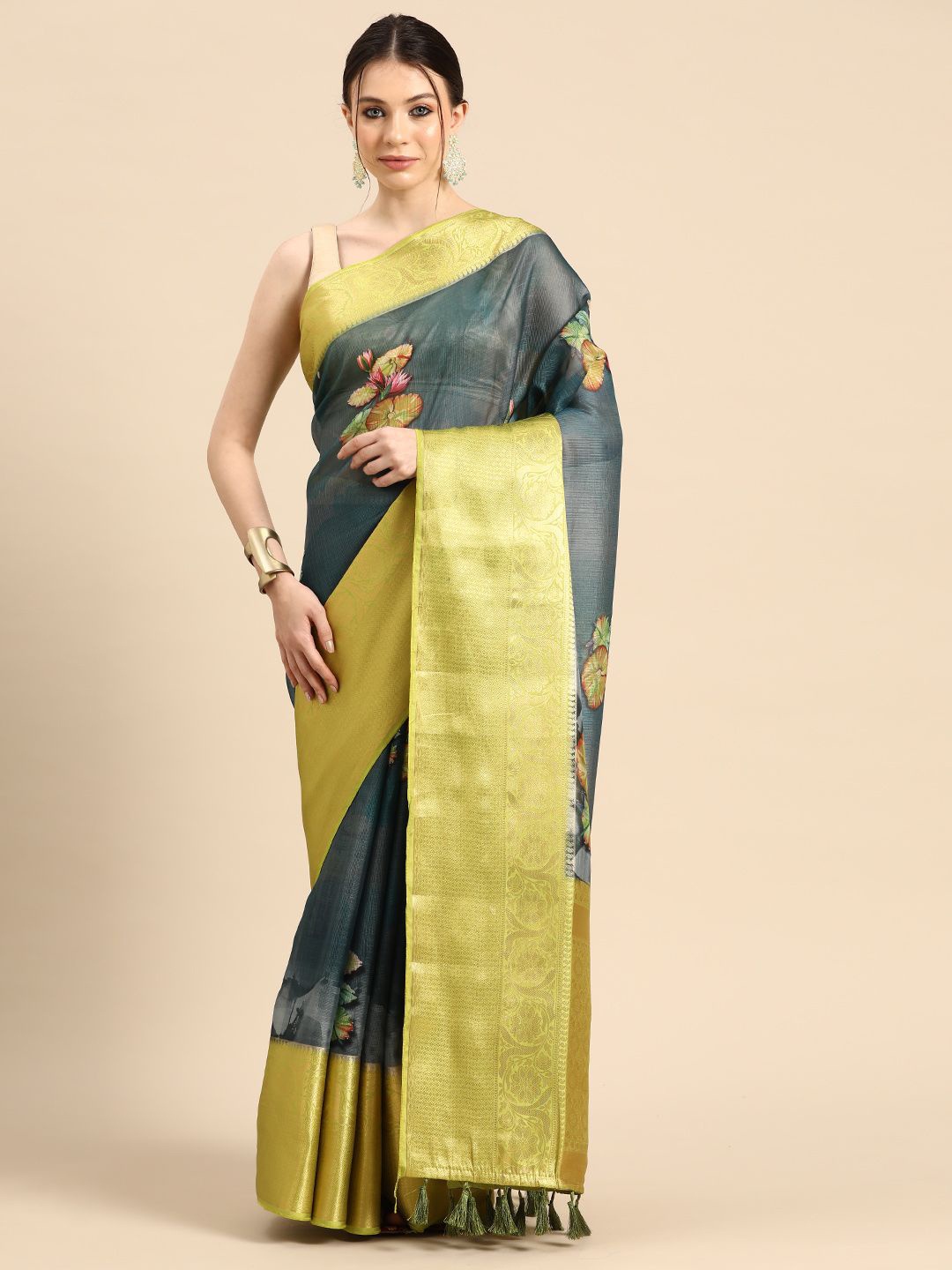 

DIVASTRI Kalamkari Zari Silk Blend Muga Saree, Blue