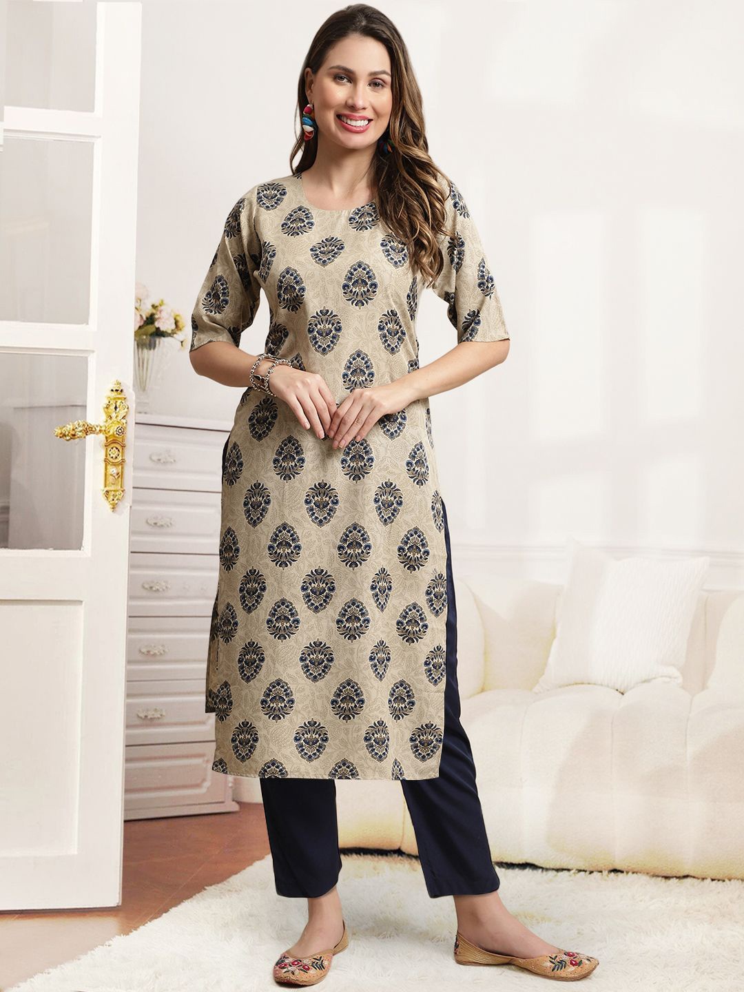 

7Threads Ethnic Motifs Printed Round Neck Straight Kurta With Trouser, Beige