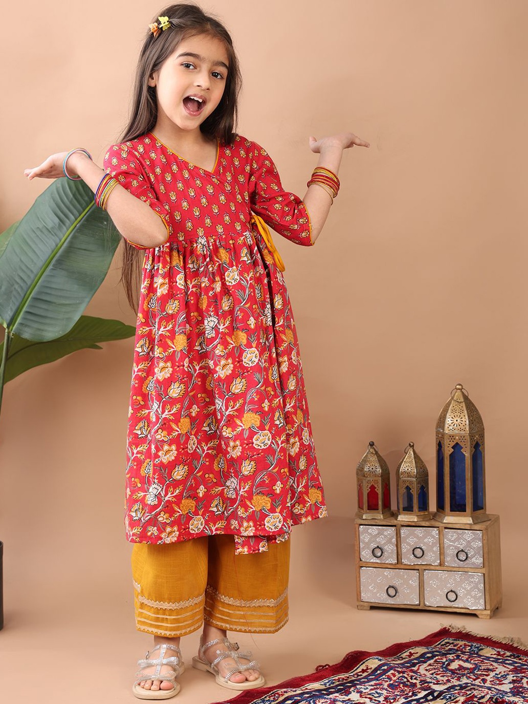 

Here&Now X Kinder Kids Girls Floral Printed Angrakha Gotta Patti Pure Cotton Kurti with Palazzos, Red