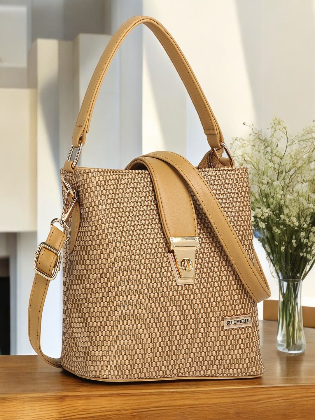 

BLUE WORLD Checked PU Sling Bag, Beige
