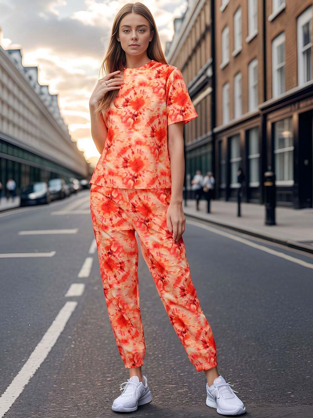 

DressBerry Abstract Printed Round Neck T-Shirt With Joggers, Orange