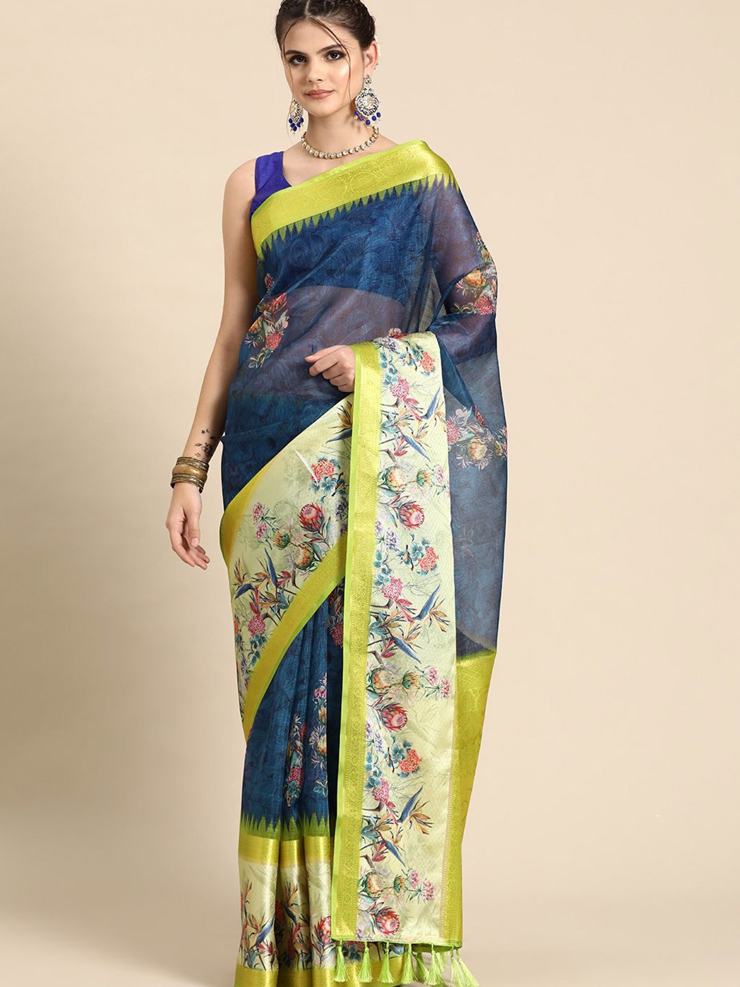 

DIVASTRI Floral Zari Art Silk Banarasi Saree, Navy blue