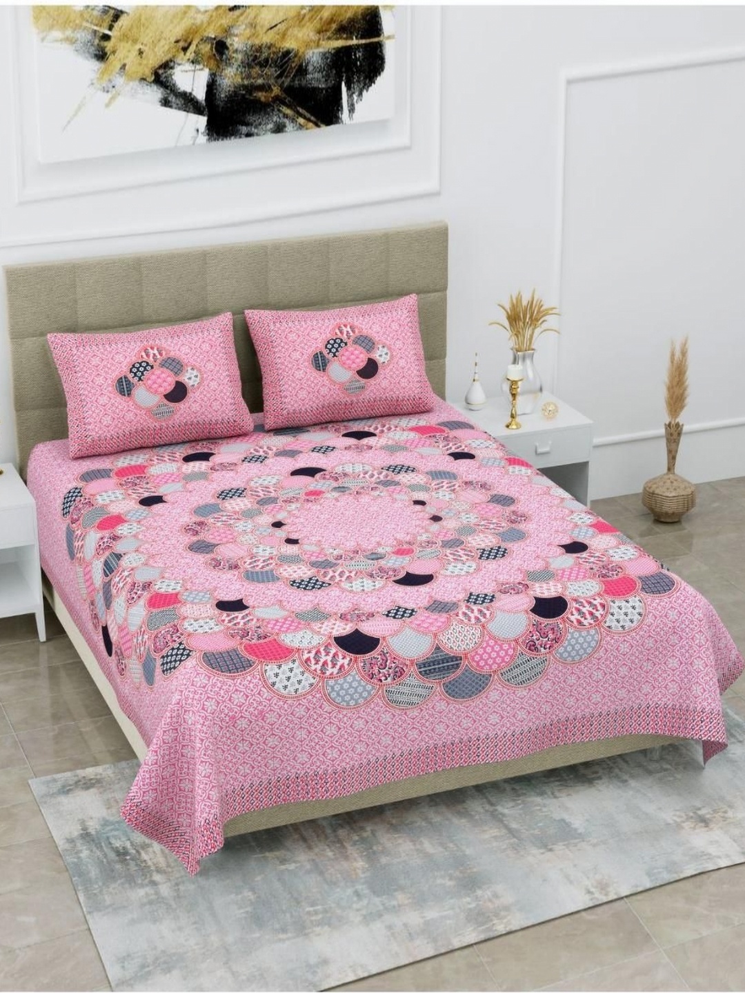 

Aura Pink & White Ethnic Motifs 144 TC Queen Bedsheet with 2 Pillow Covers