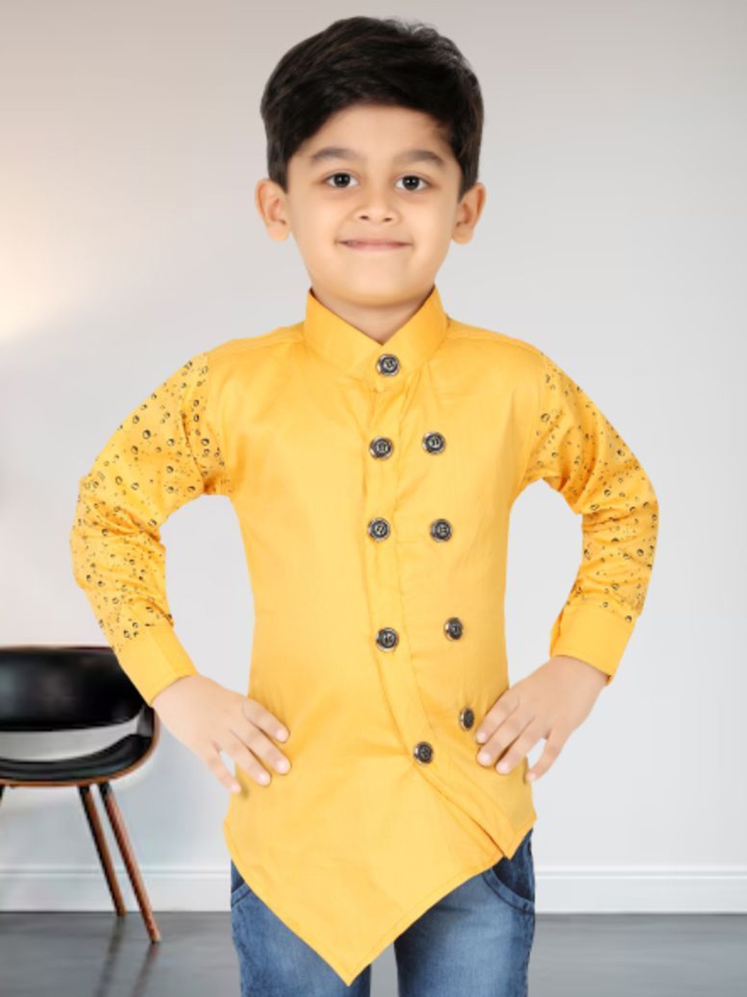 

BAESD Boys Classic Fit Band Collar Solid Cotton Casual Shirt, Yellow