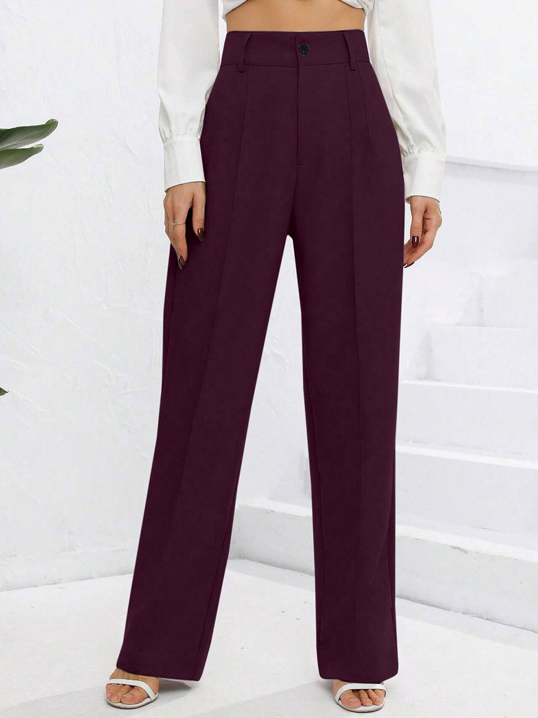 

Jinax Women Relaxed Straight Leg Mid-Rise Pleated Trouser, Burgundy