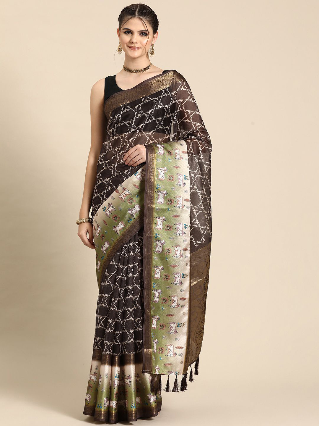 

DIVASTRI Kanjivaram Silk Pichwai Digital Printed Saree With Woven Border & Pallu, Brown