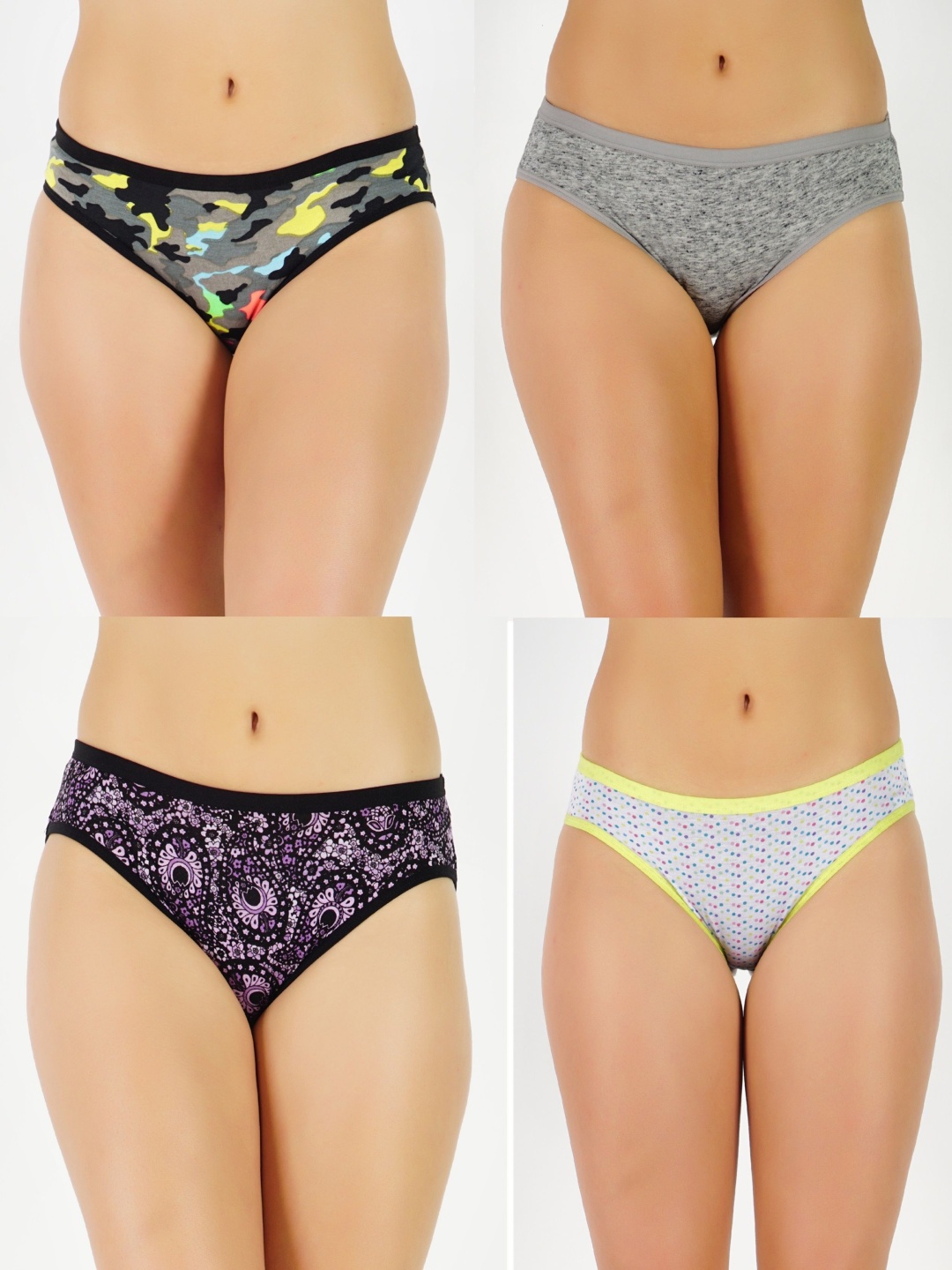 

GOTO Women Pack Of 4 Printed Mid Rise Bikini Briefs, Grey