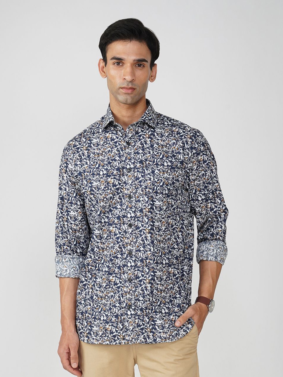 

FASHION FORMAL Men Classic Fit Spread Collar Floral Printed Cotton Casual Shirt, Navy blue