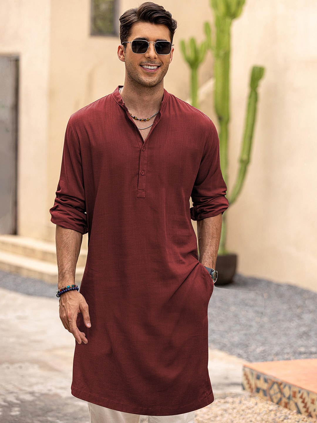 

Anouk Maroon Band Collar Roll-Up Sleeves Cotton Straight Kurta