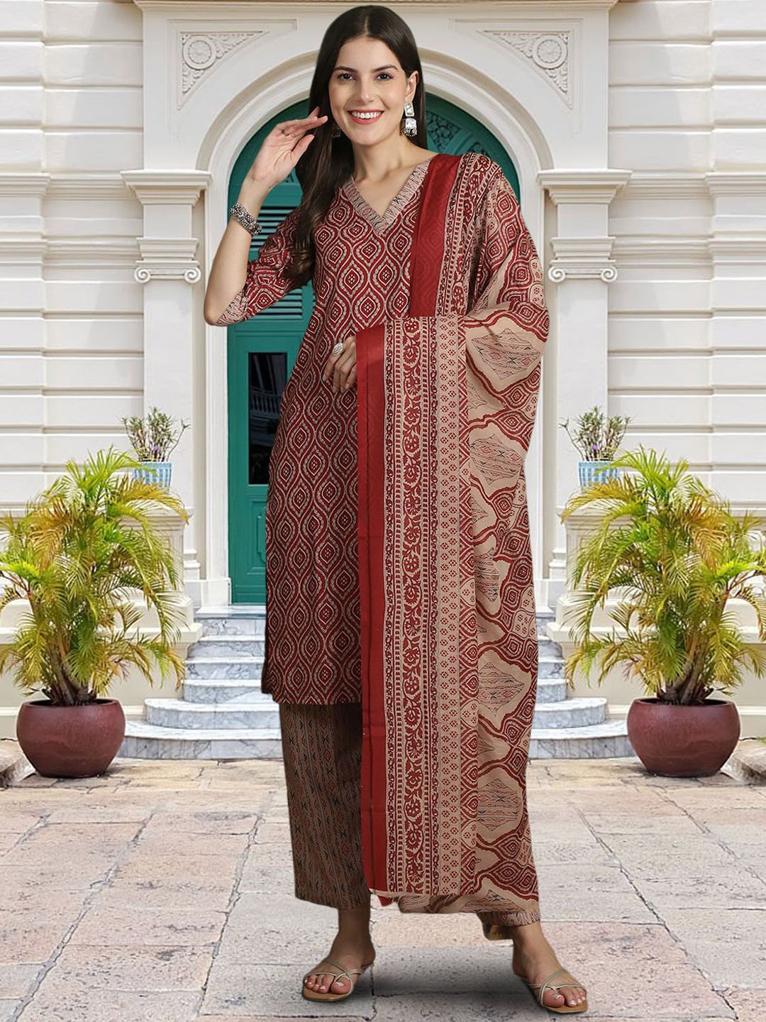 

Moda Rapido Ethnic Motifs Printed V-Neck Straight Kurta With Trouser And Dupatta, Maroon