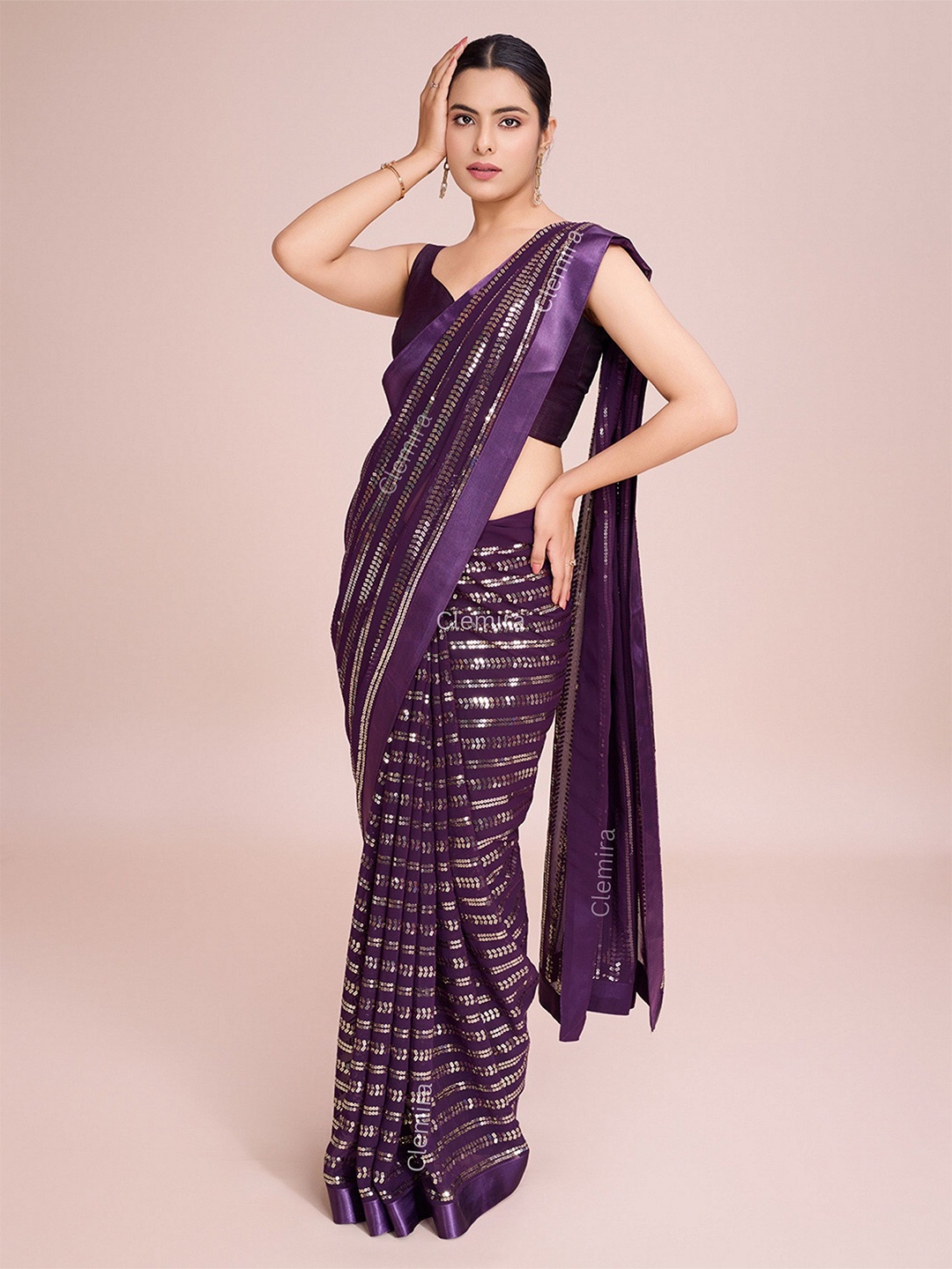 

FashionsEye Embellished Sequinned Pure Georgette Heavy Work Saree, Purple