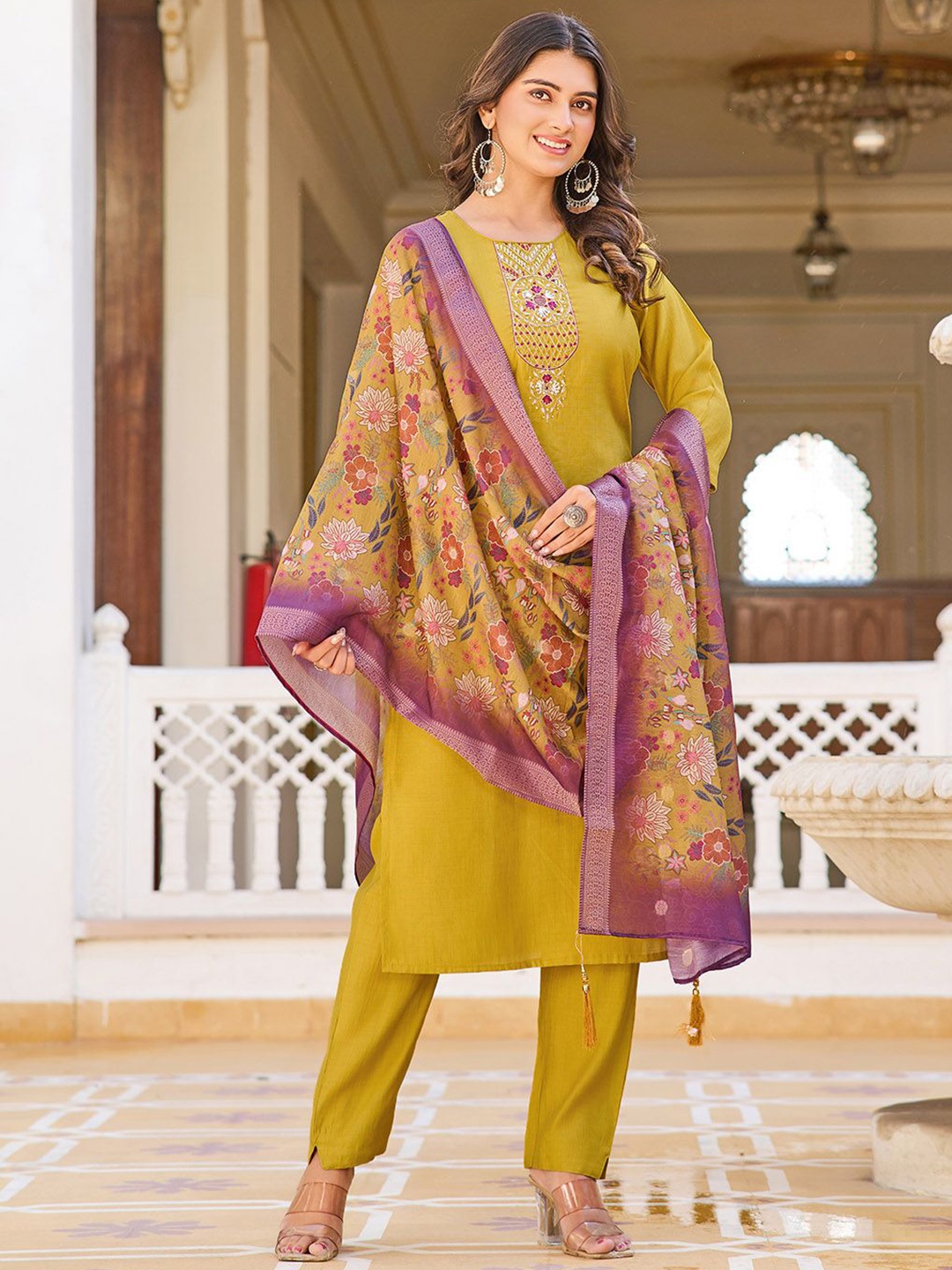 

Meena Bazaar Floral Embroidered Round Neck Straight Kurta With Trouser & Dupatta, Mustard