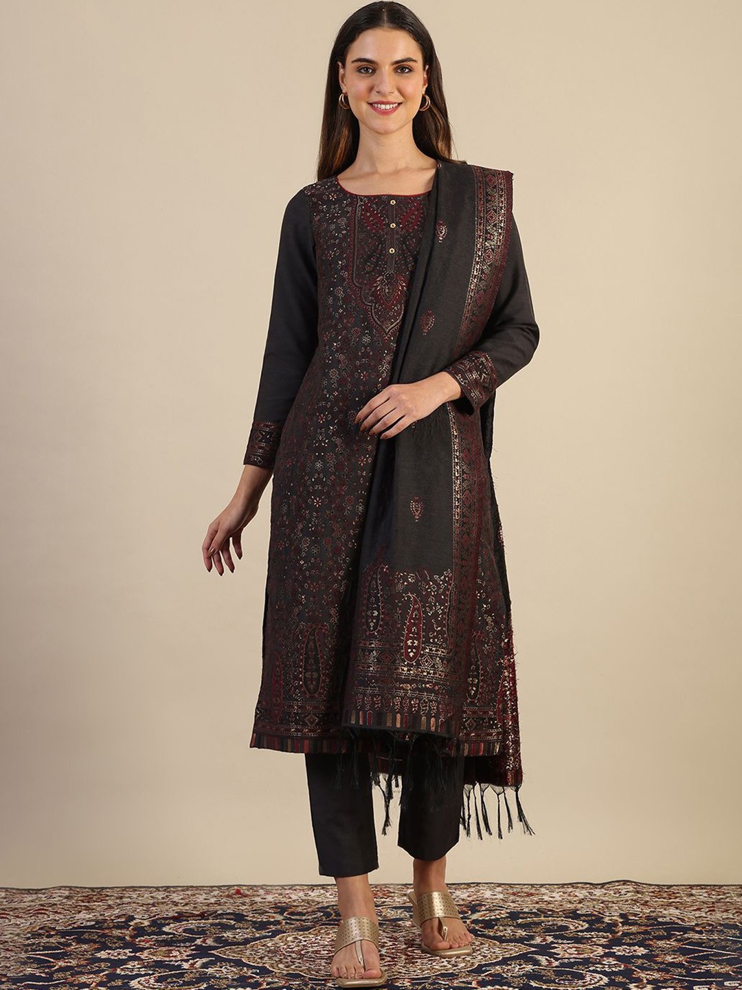 

AURELIA Floral Woven Design Round Neck Straight Kurta With Trousers & Dupatta, Grey