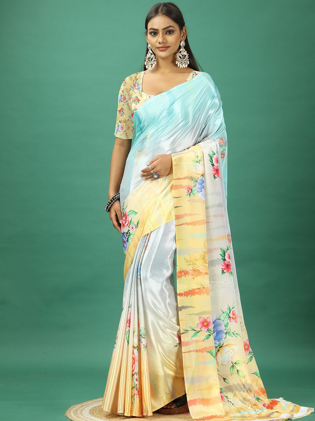

A.V.M. SILK MILLS Floral Pure Crepe Saree, Blue
