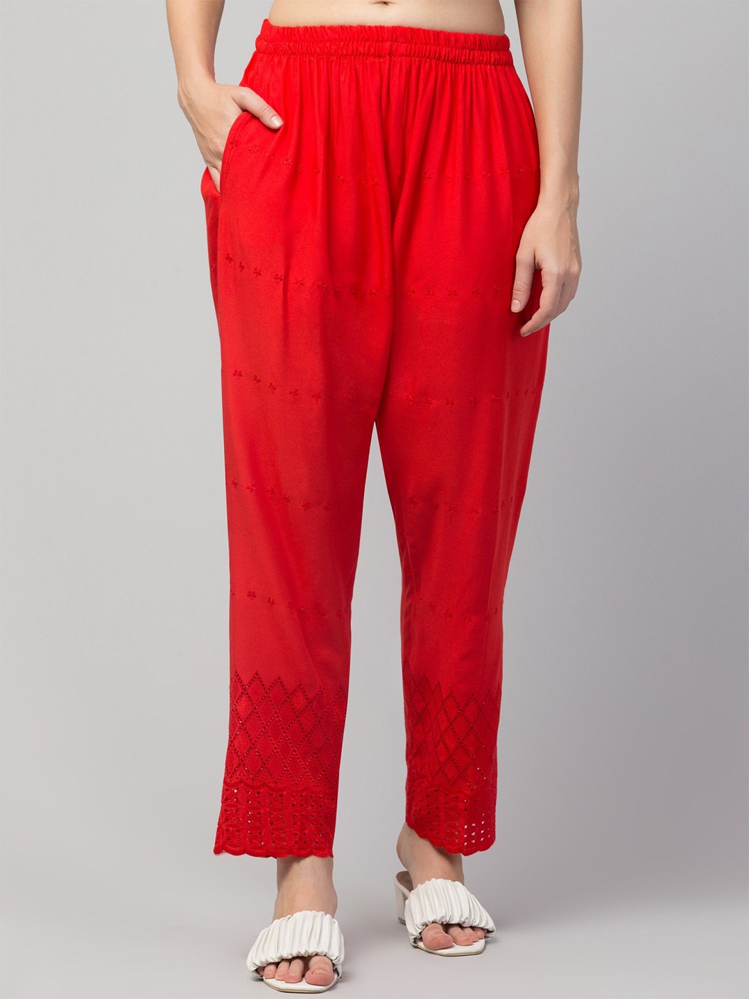 

FAMBEE Women Embroidered Flared Knitted Palazzos, Red