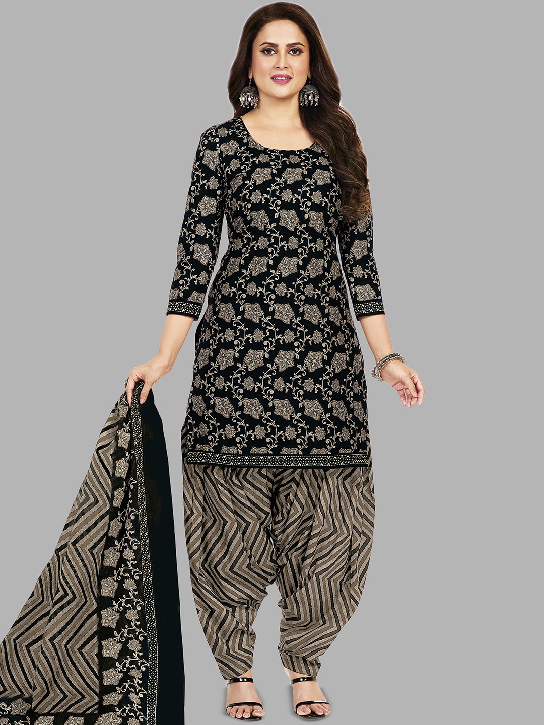 

shree jeenmata collection Printed Pure Cotton Unstitched Dress Material, Black