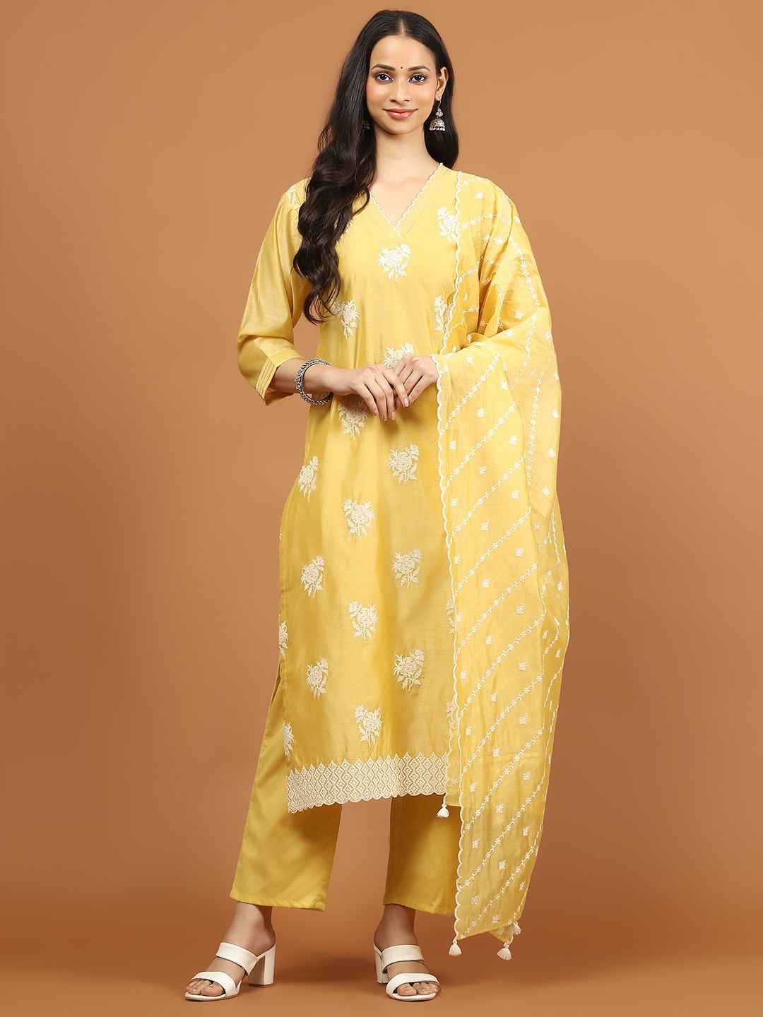 

Meena Bazaar Floral Embroidered V-Neck Chanderi Silk Straight Kurta With Trouser & Dupatta, Yellow