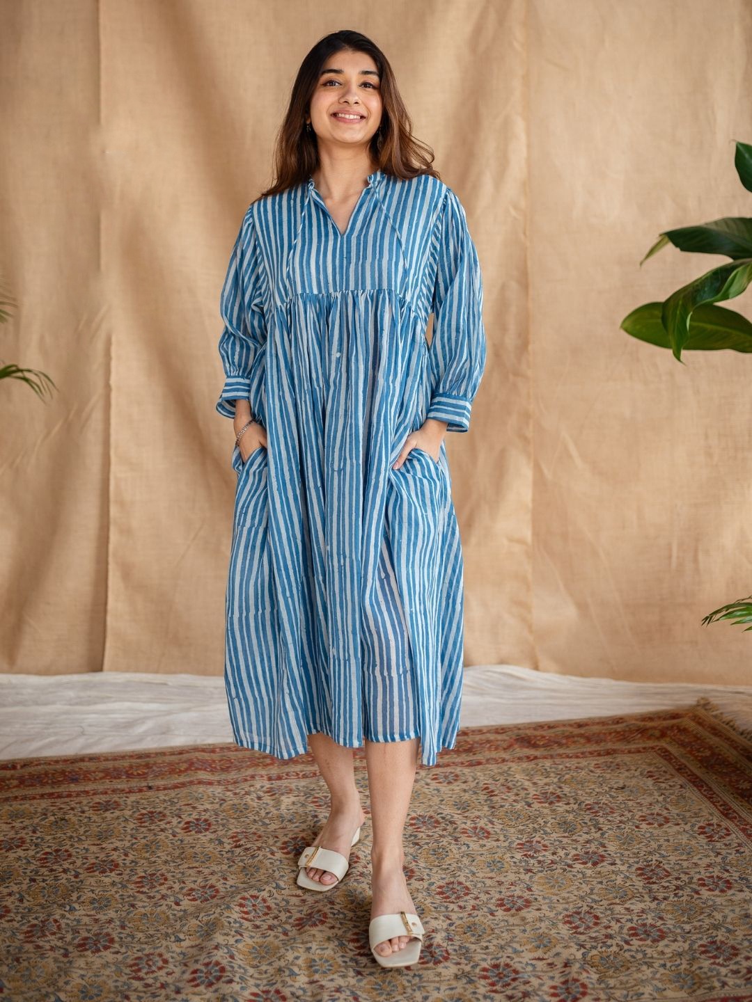 

THE INDIAN ETHNIC CO Striped Shirt Midi Dress, Blue