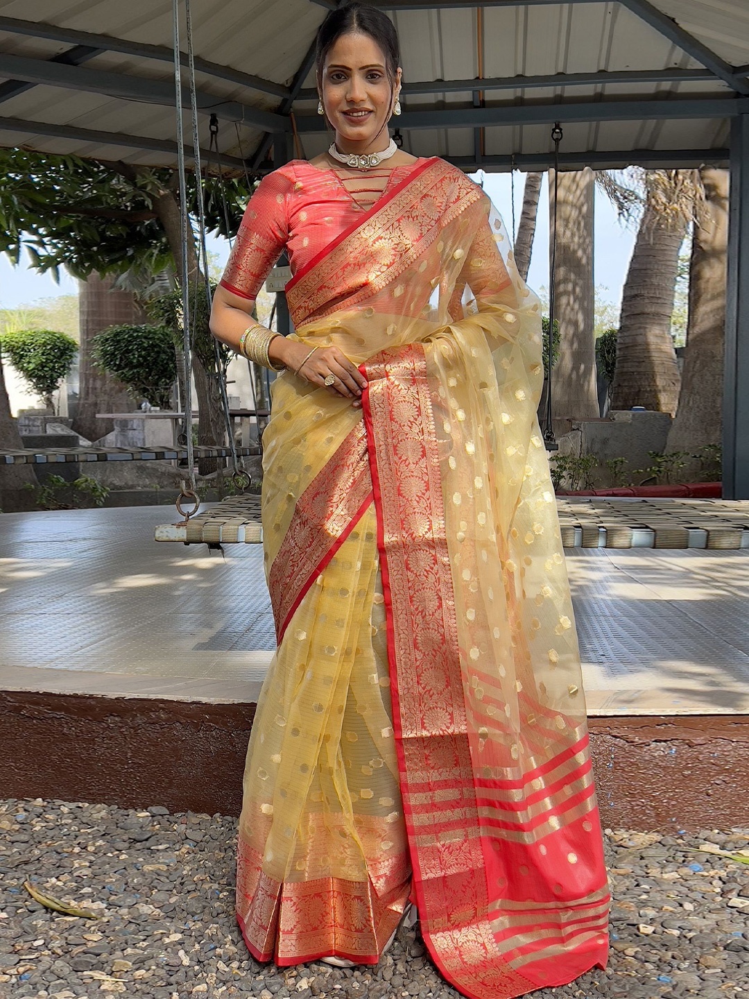 

A TO Z CART Woven Design Zari Organza Saree, Yellow