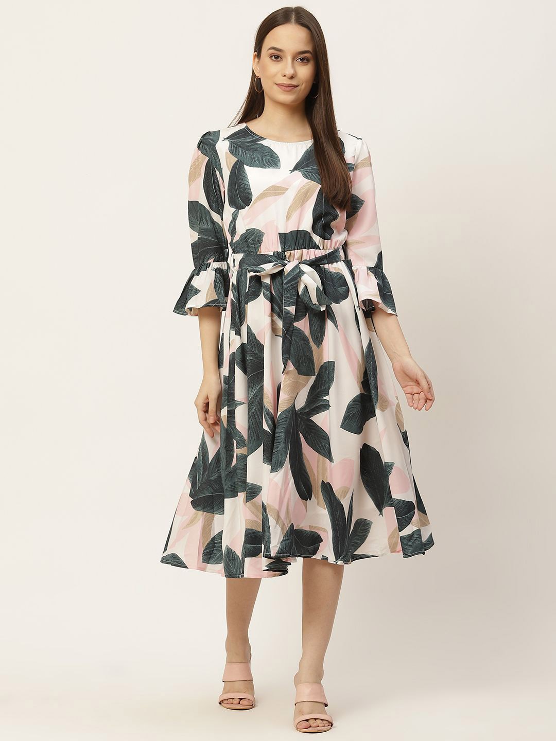 

Moda Rapido Floral Print Bell Sleeve Crepe A-Line Dress, White