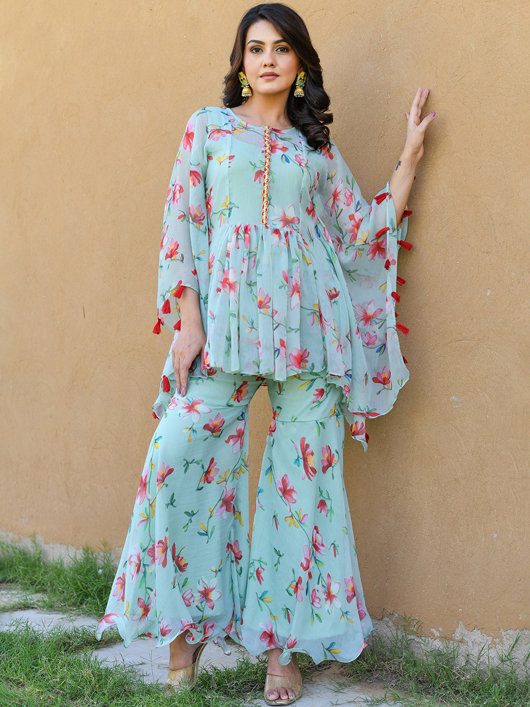

Anastay Clothing Floral Printed Flared Sleeves Anarkali Kurta With Sharara, Sea green