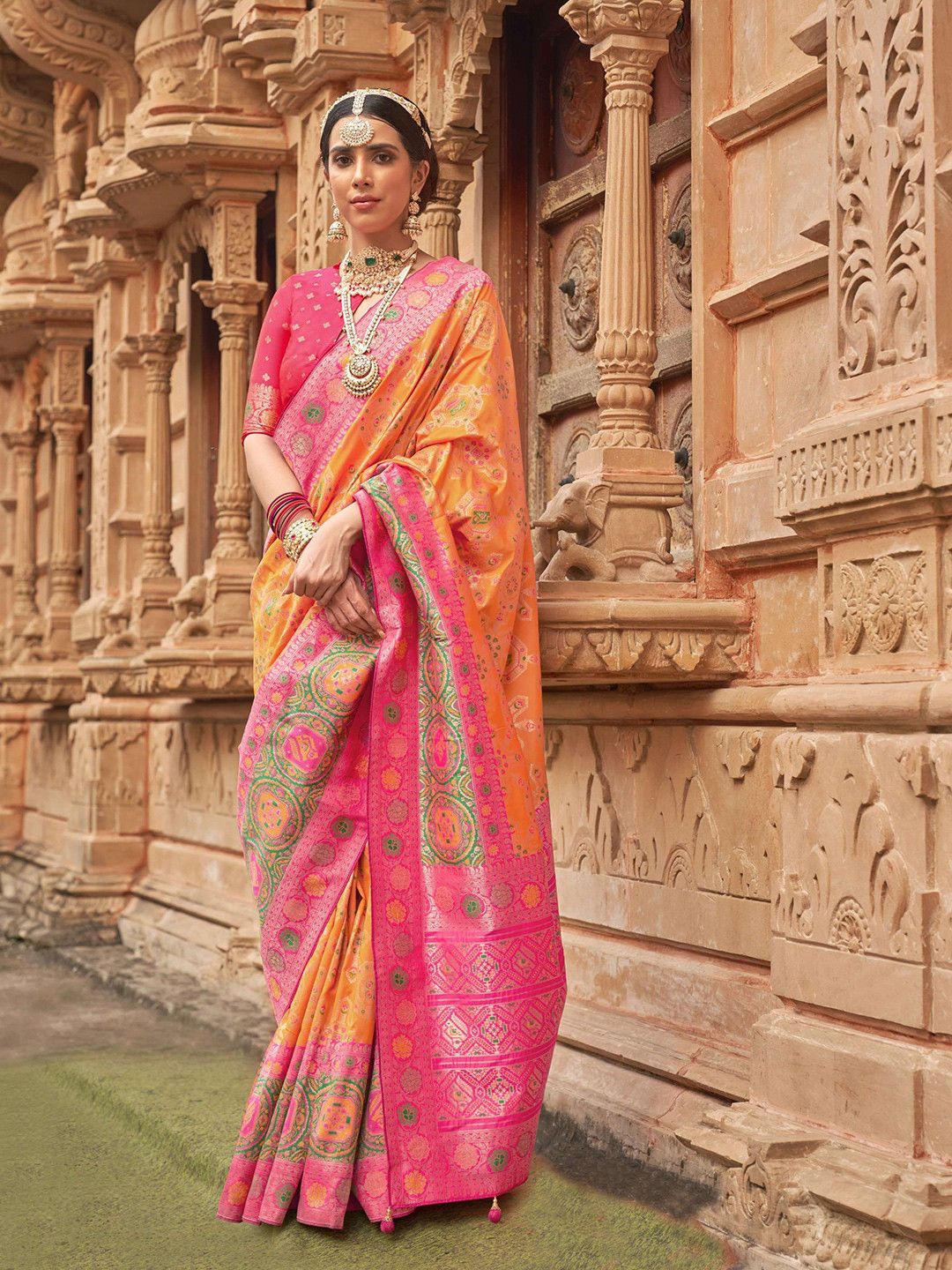 

MAHALASA Woven Design Pure Silk Banarasi Saree, Orange