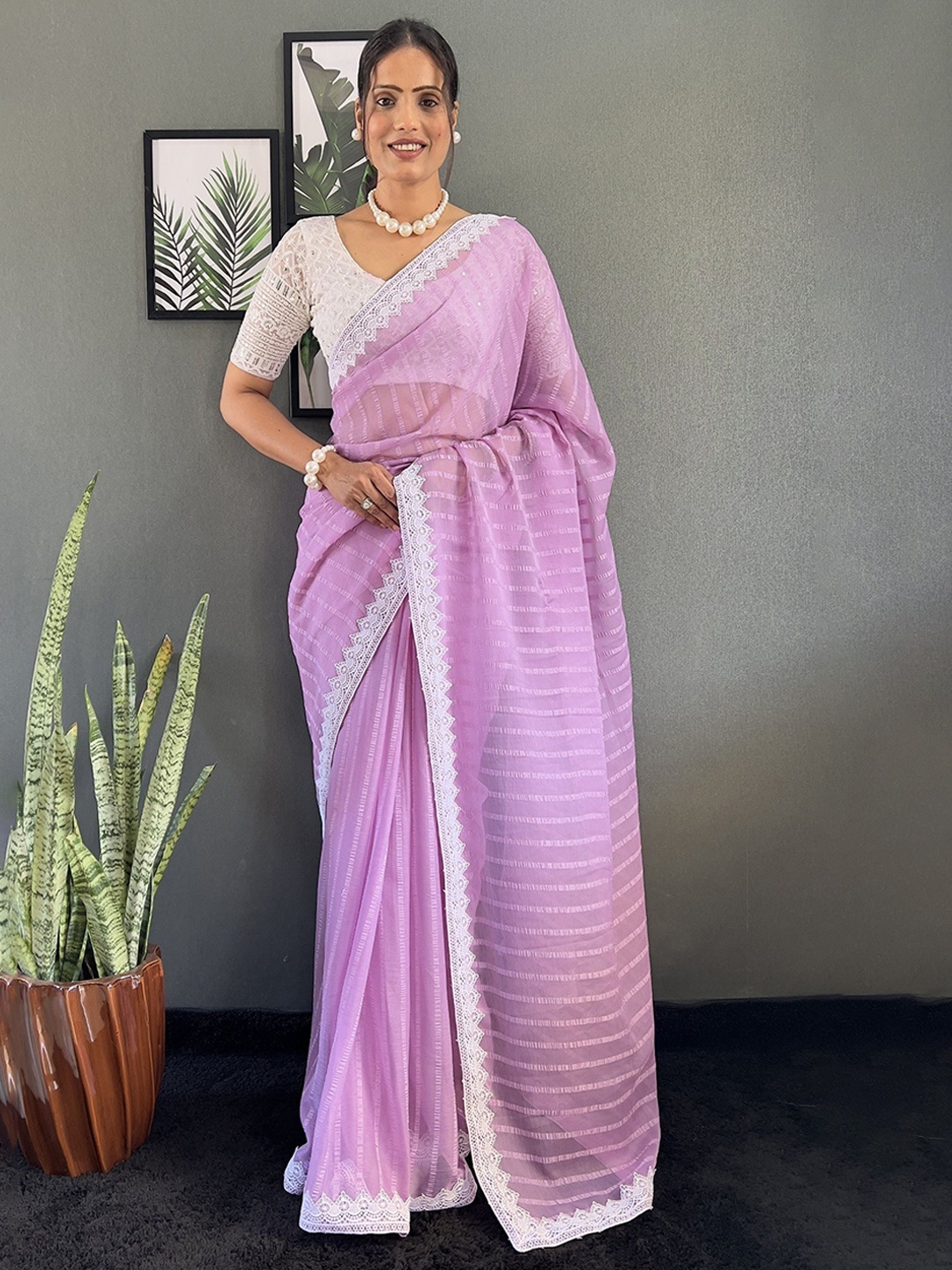 

A TO Z CART Striped Pure Chiffon Saree, Lavender