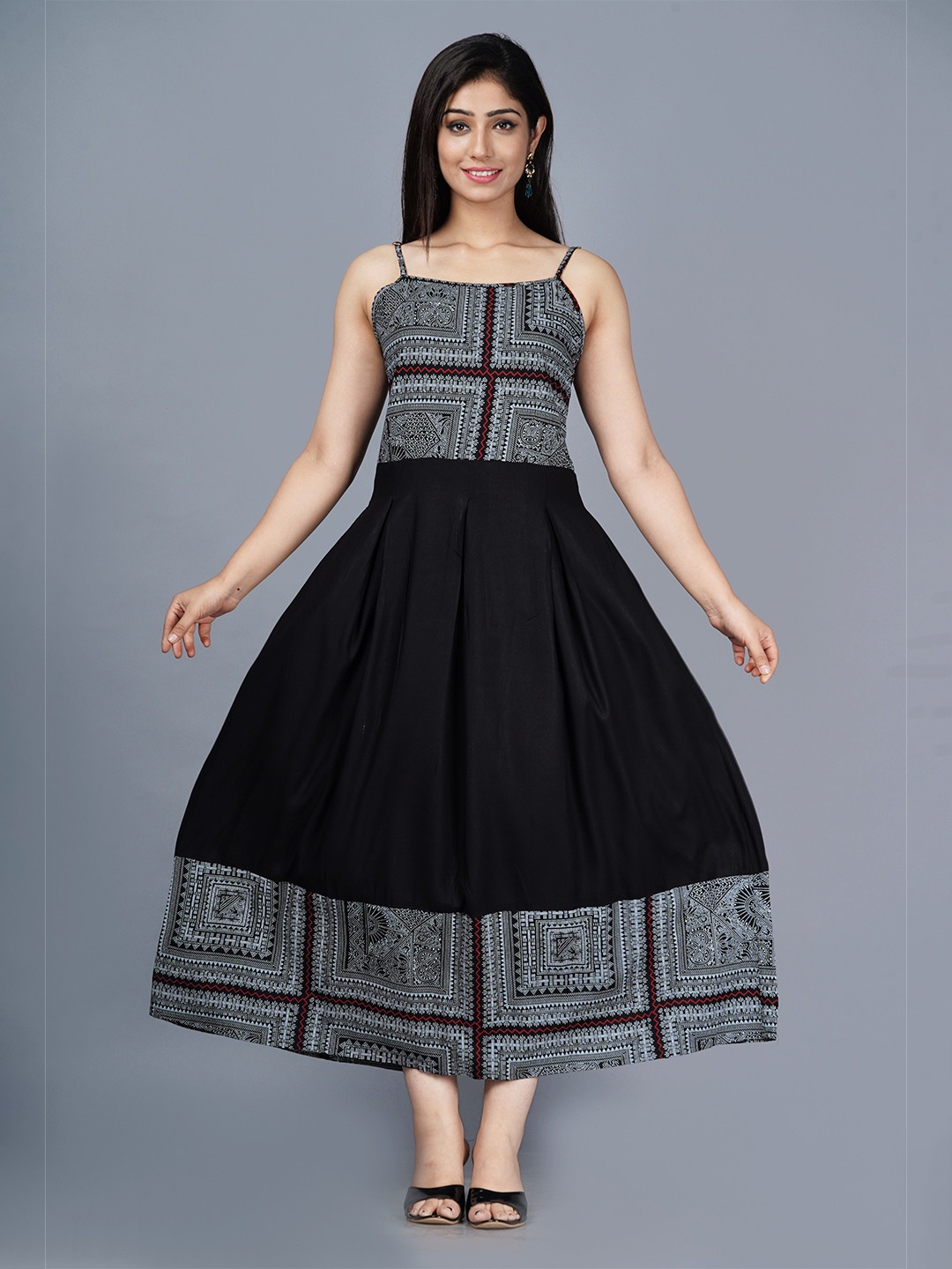 

Twirl Tales Women Ethnic Motifs Print Fit & Flare Cotton Dress, Black