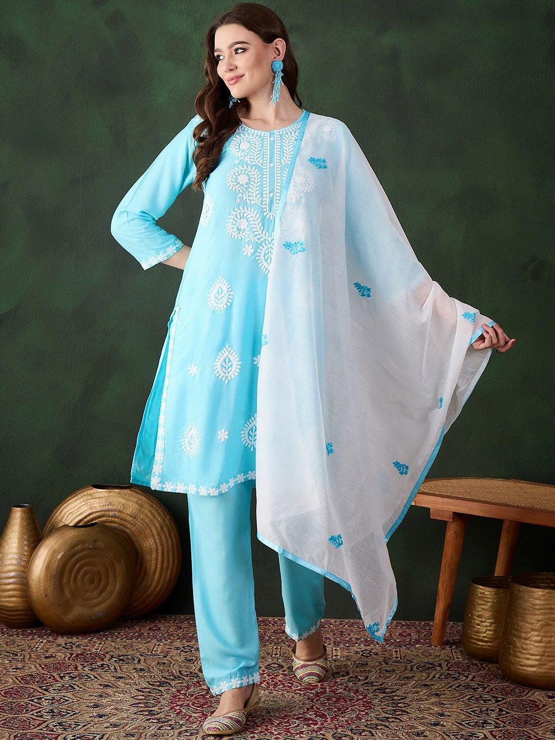 

KALINI Women Floral Embroidered Regular Chikankari Kurta with Trousers & With Dupatta, Blue