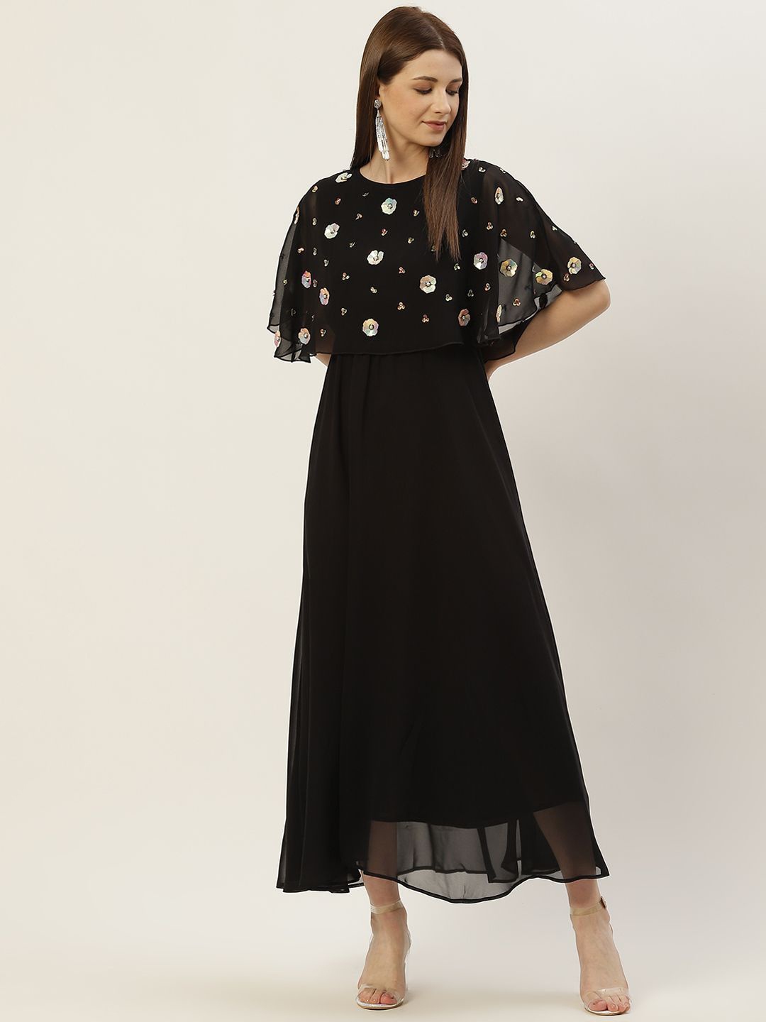 

Moda Rapido Floral Cape Sleeve Georgette Maxi Dress, Black