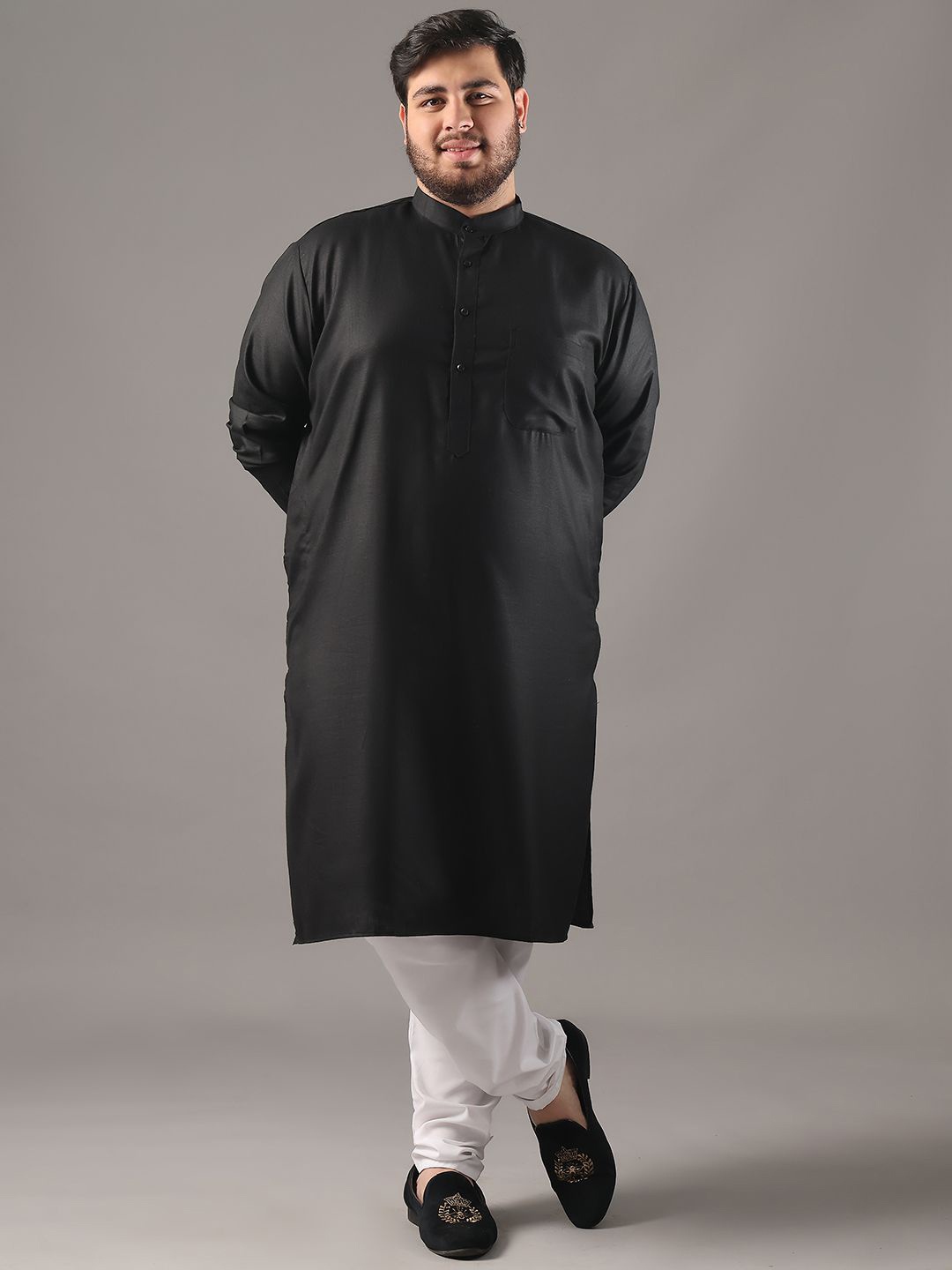 

SOJANYA PLUS Plus Size Men Band Collar Pure Cotton Straight Kurta With Pyjamas, Black