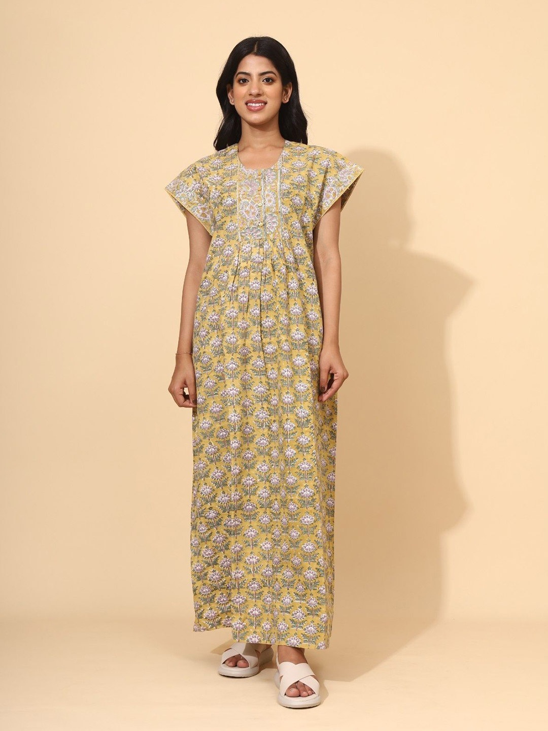 

YELLOW BLOOM Floral Printed Pure Cotton Maxi Nightdress