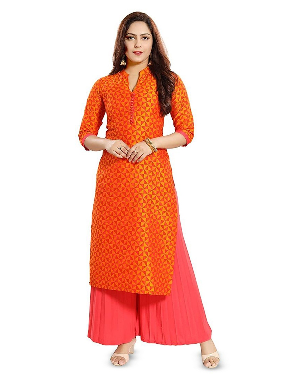 

DREAM & DZIRE Geometric Printed Mandarin Collar Straight Kurta, Orange