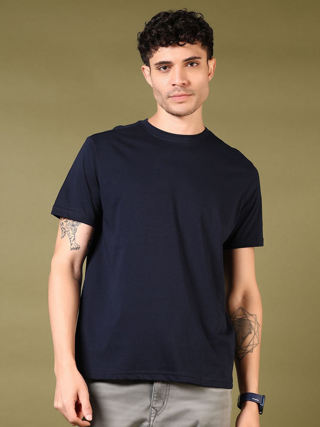 

V-Mart Men Solid Round Neck Cotton T-shirt, Navy blue