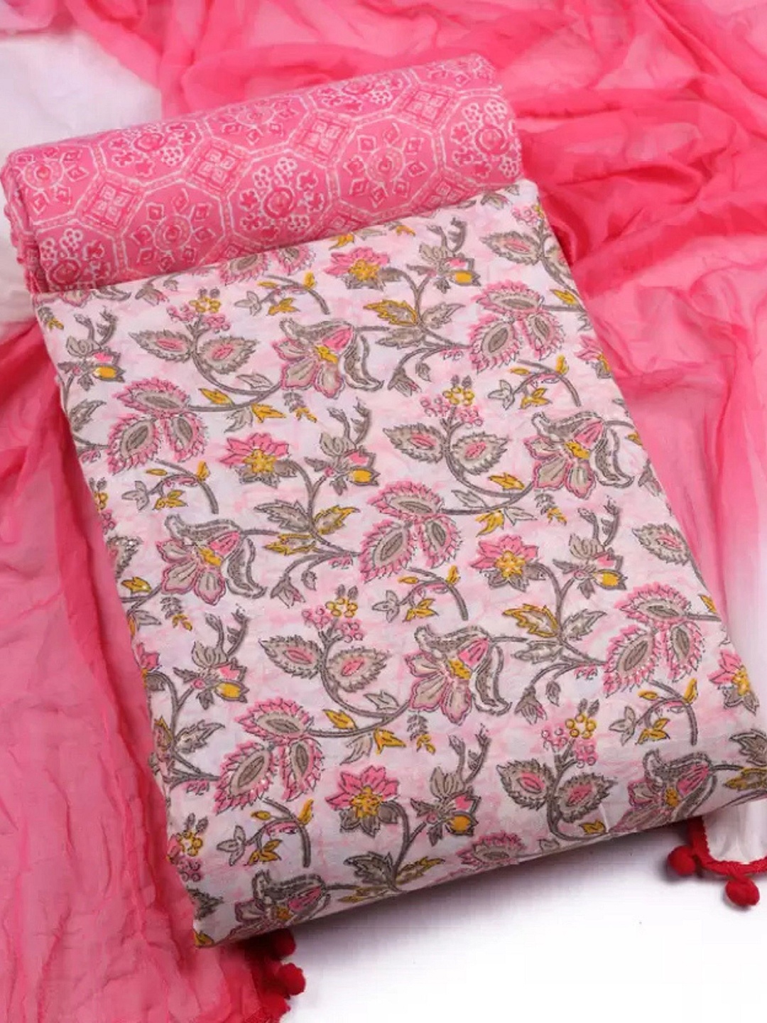 

FashionsEye Floral Printed Pure Cotton Unstitched Dress Material, Pink