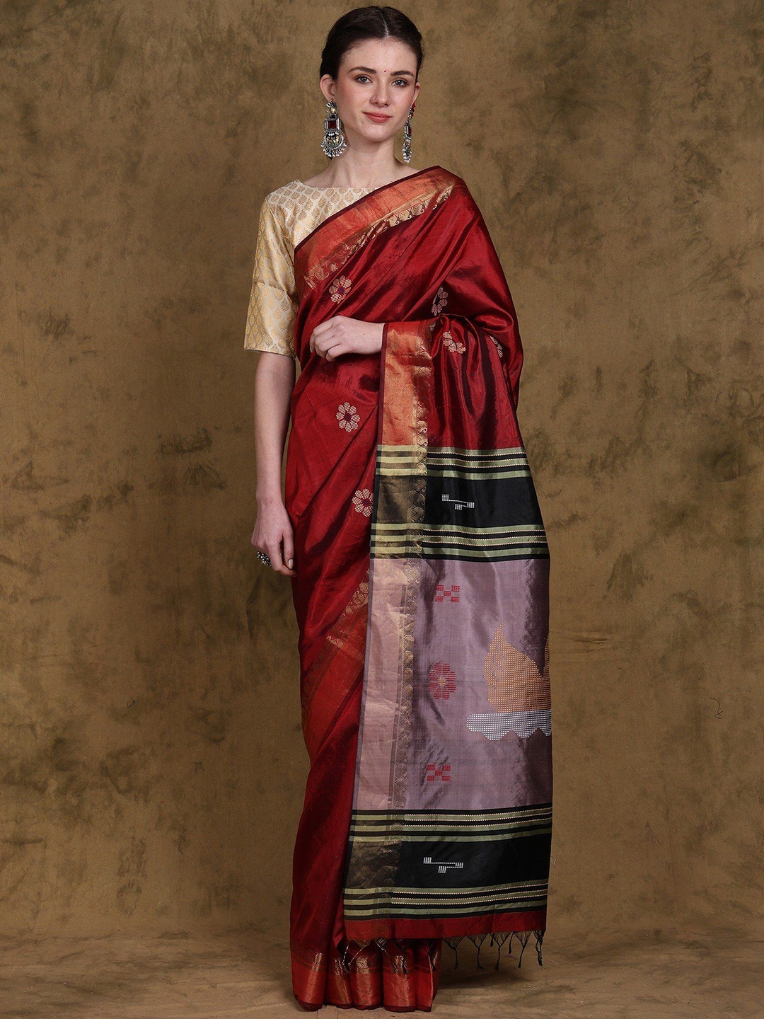 

Exotic India Katan Silk Kalakshetra Saree with Kantha Bootis and Zari Woven Paisley Border, Red