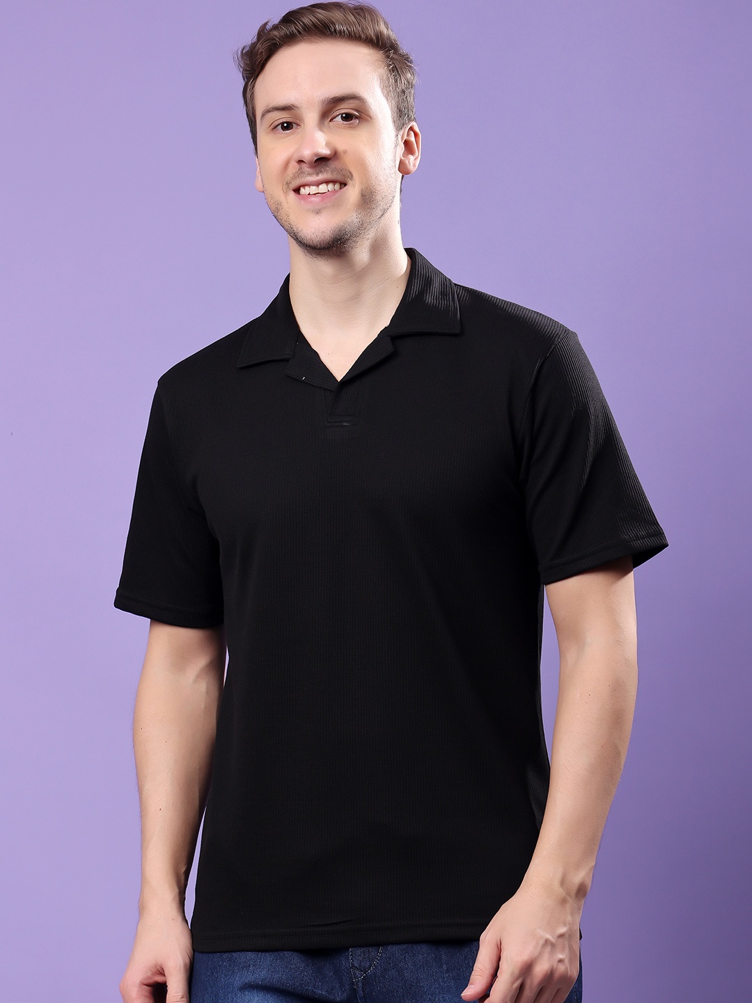 

madfrog Men Self Design Polo Collar Cotton T-shirt, Black